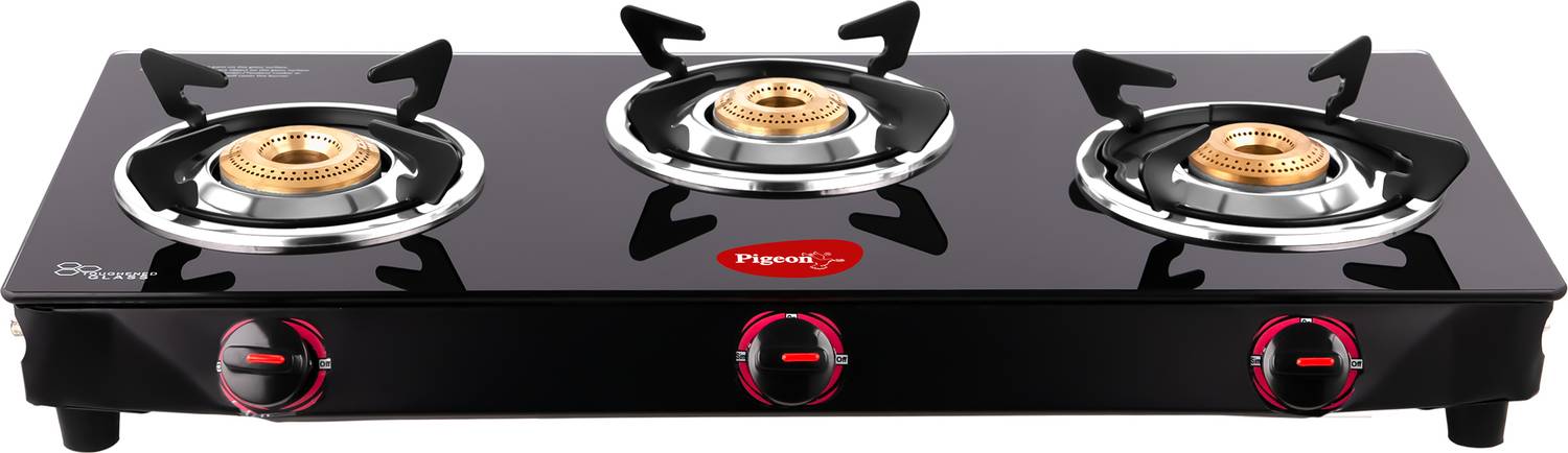 Pigeon Brunet 3 Burner Gas Stove Auto Ignition Toughened Glas