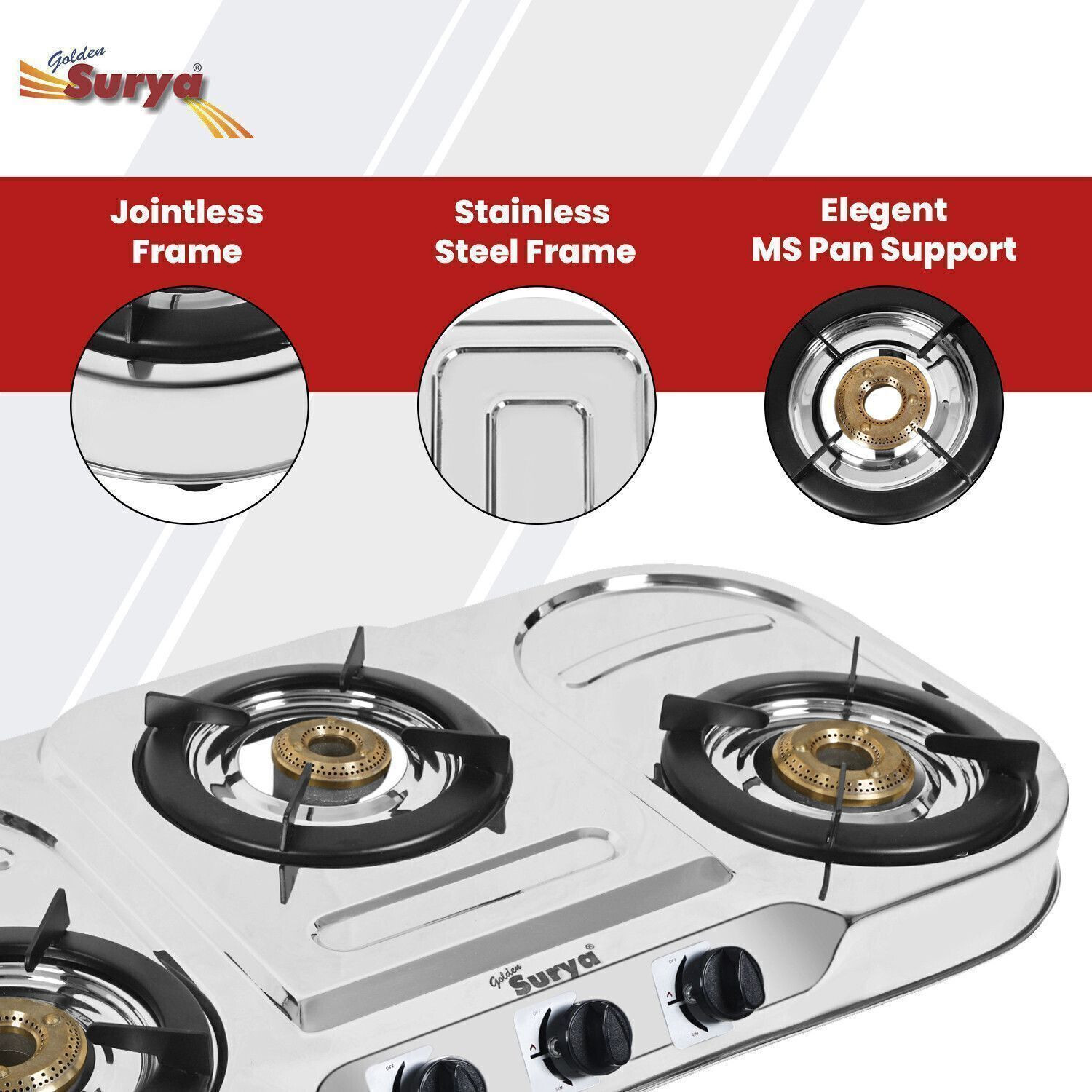Image of Golden Surya Premium Jointless Stainless Steel Frame, 3 Brass Burner, 18 Months Warranty LPG Stainless Steel Manual Gas Stove