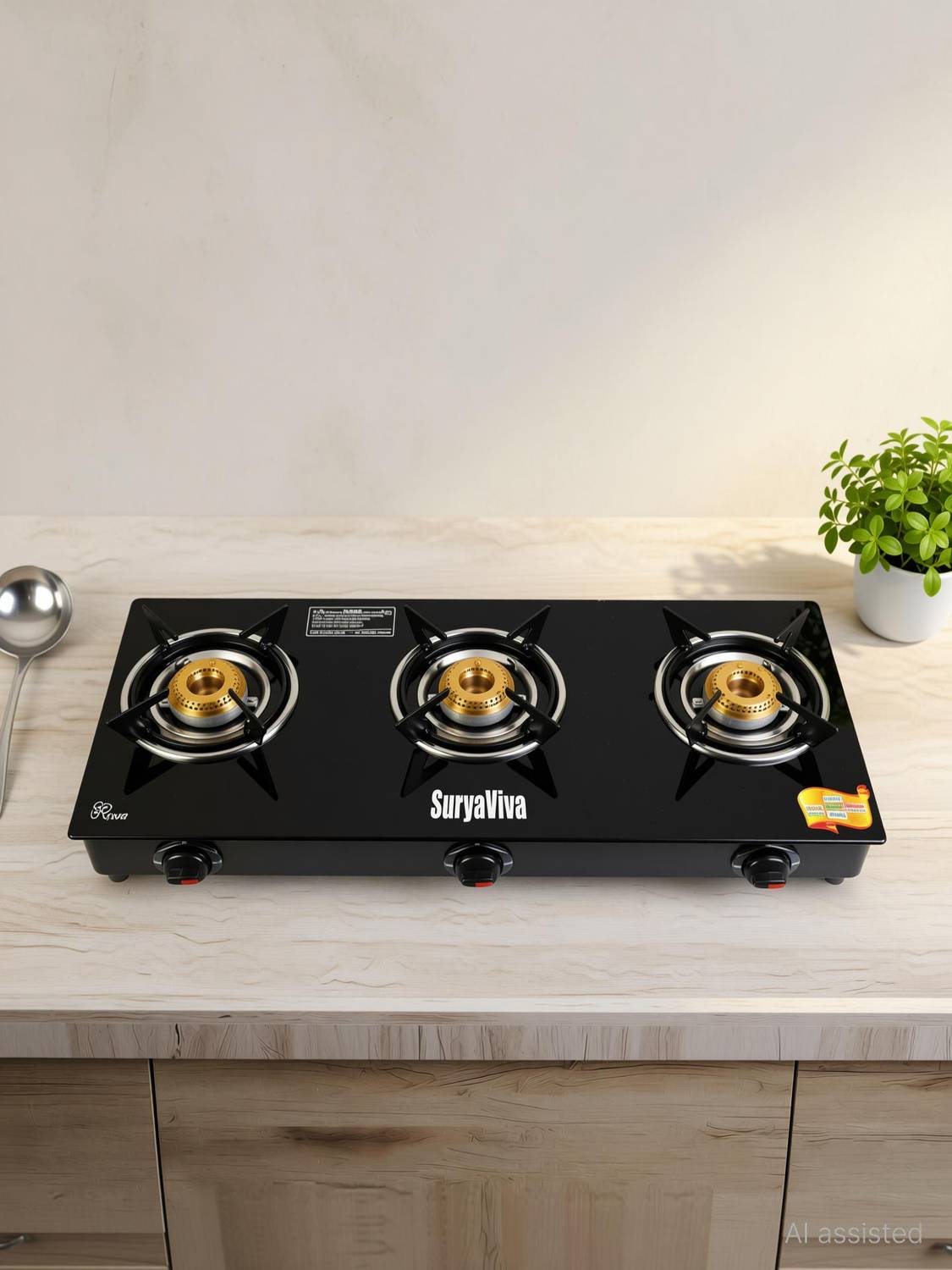 SURYAVIVA 3B Photon Bk Toughened 3 Cast Iron (Manual,Black) Glass Manual Gas Stove