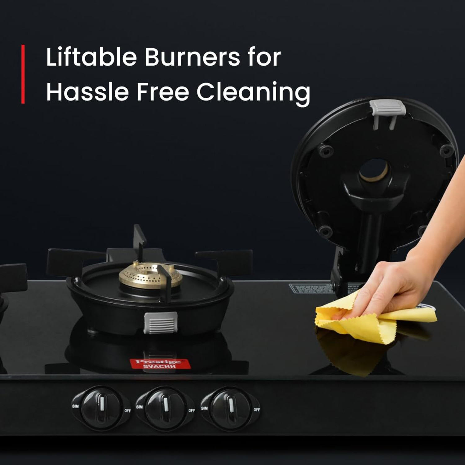 Image of Prestige Svachh Neo Series 3 Burner Glasstop | Liftable Burner Glass Manual Gas Stove