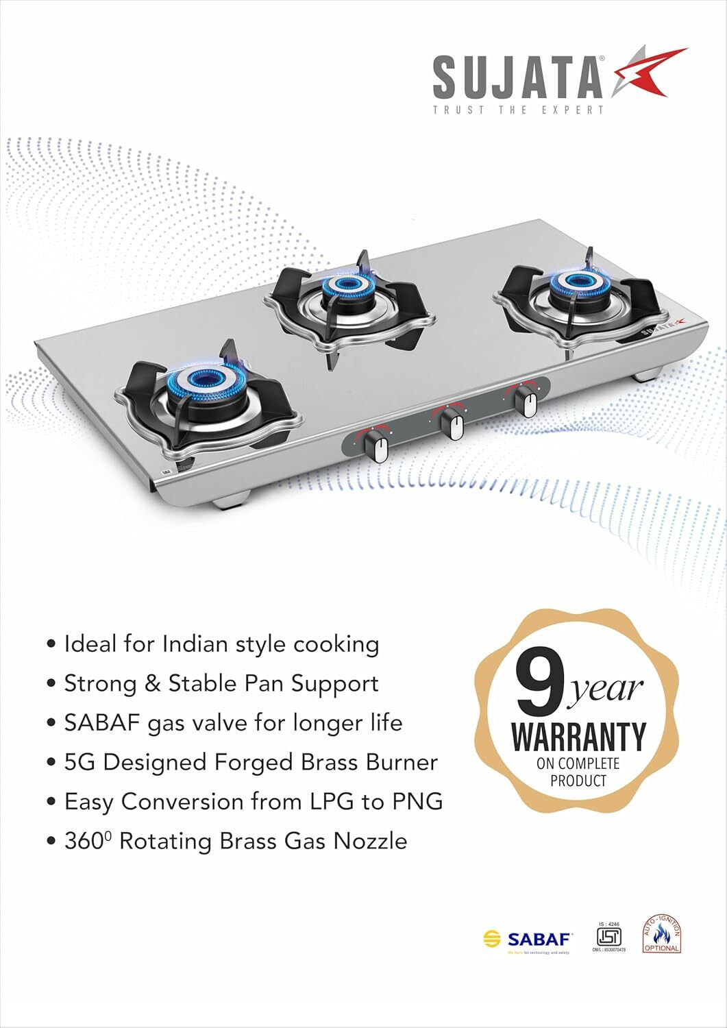 Image of SUJATA Majestic Manual Gas Stove 3 Burner | Gas Chulha for Kitchen | ISI Certified | Stainless Steel Manual Gas Stove