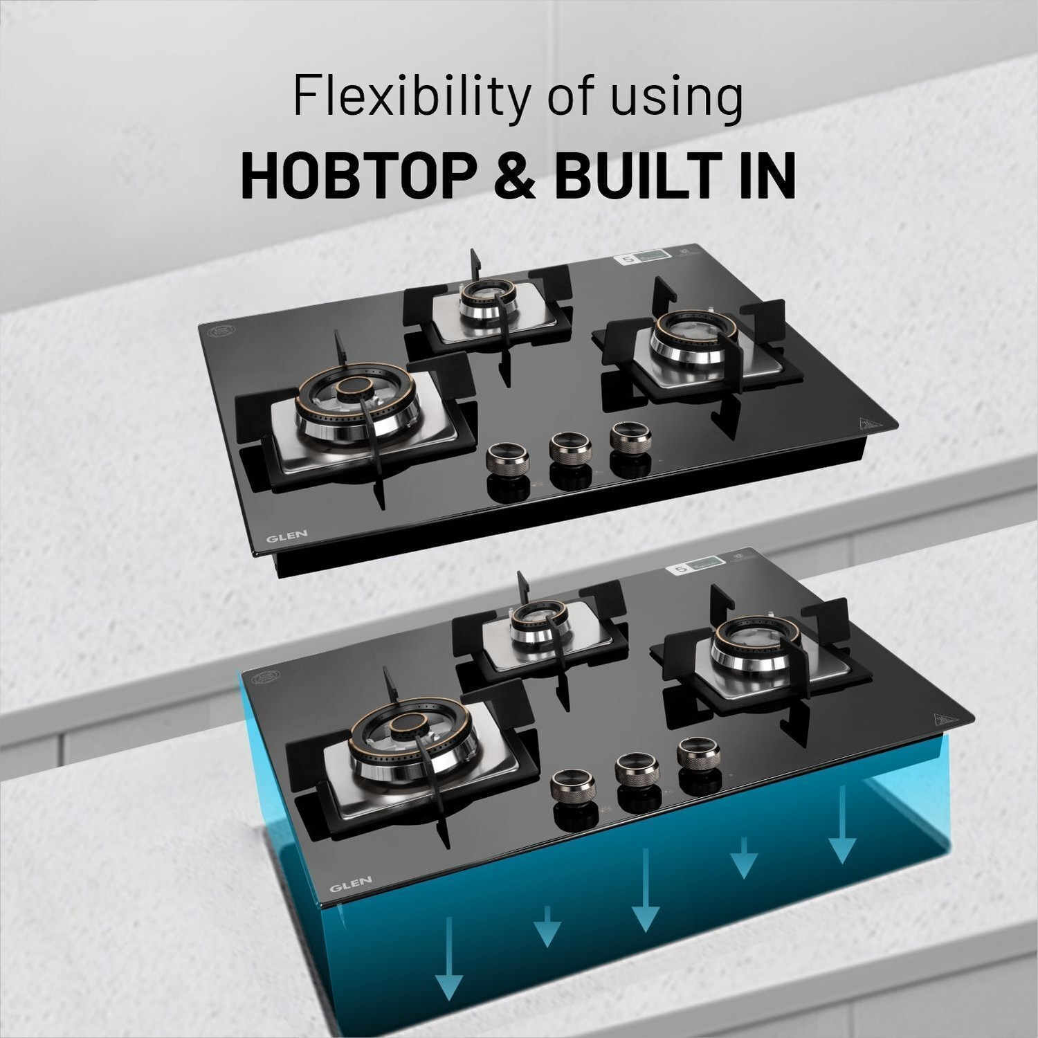 Image of Glen Glass Built in Hob 77 cm | 1 Triple Ring | Double Ring Forged Brass Burner | Glass Automatic Hob