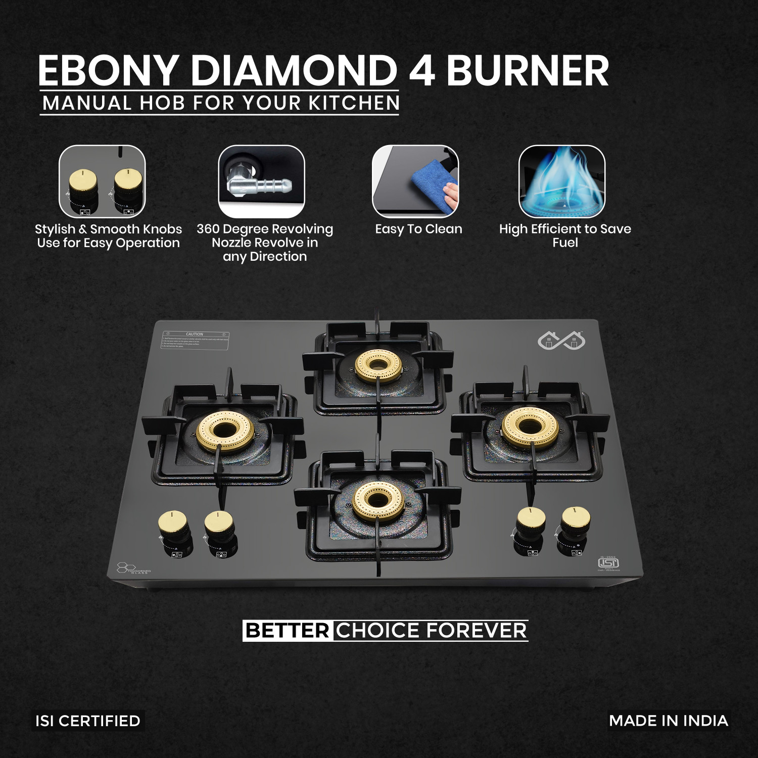 Image of Sigri-wala Ebony Diamond 4 Burner Hob Top Glass Manual Hob