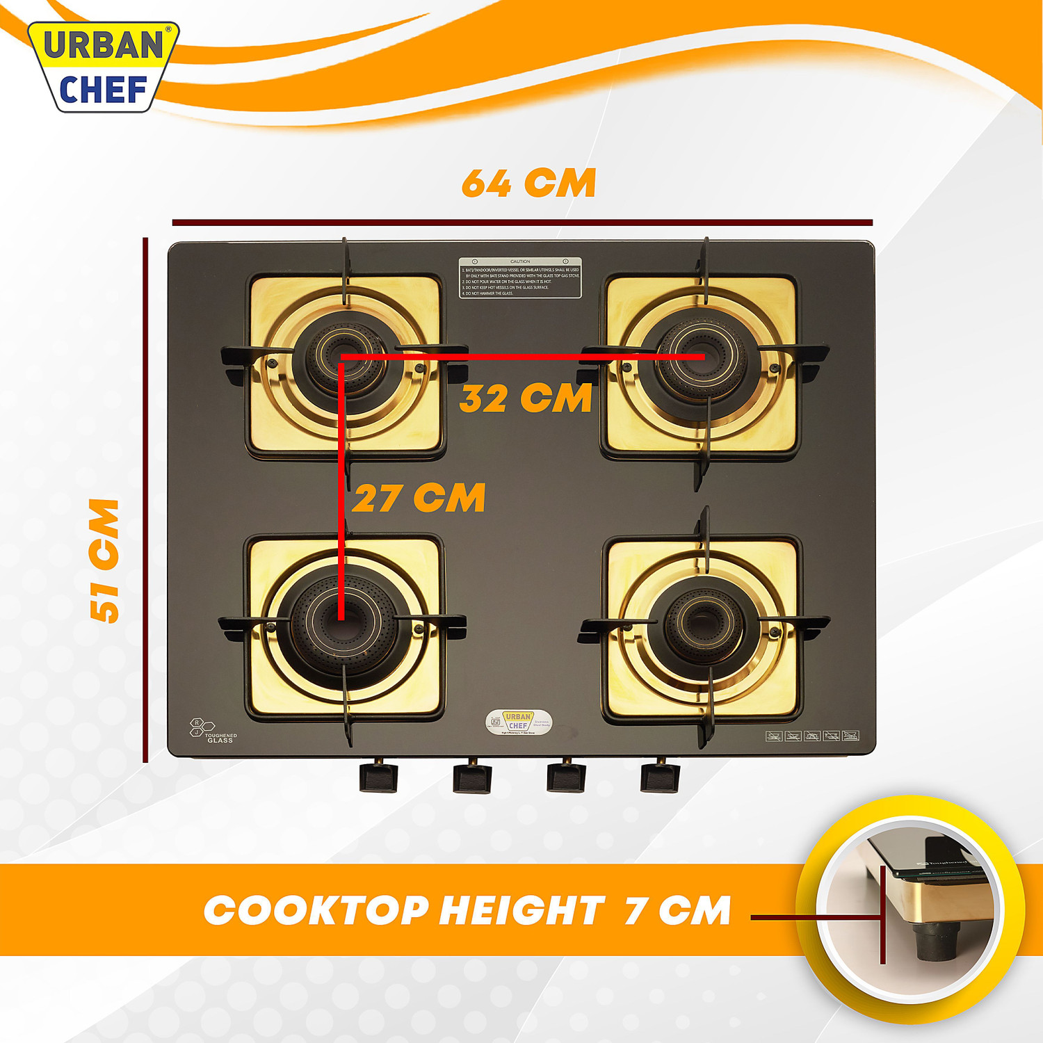 Image of Urban Chef Gas Stove 4 Burner | Gas Chulha for Kitchen | ISI Certified | Gold | Stainless Steel Manual Gas Stove