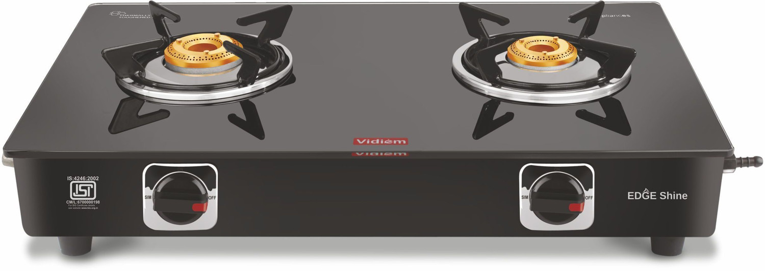 Image of Vidiem EDGE SHINE GLASS TOP 2 BURNER GAS STOVE Glass Manual Gas Stove