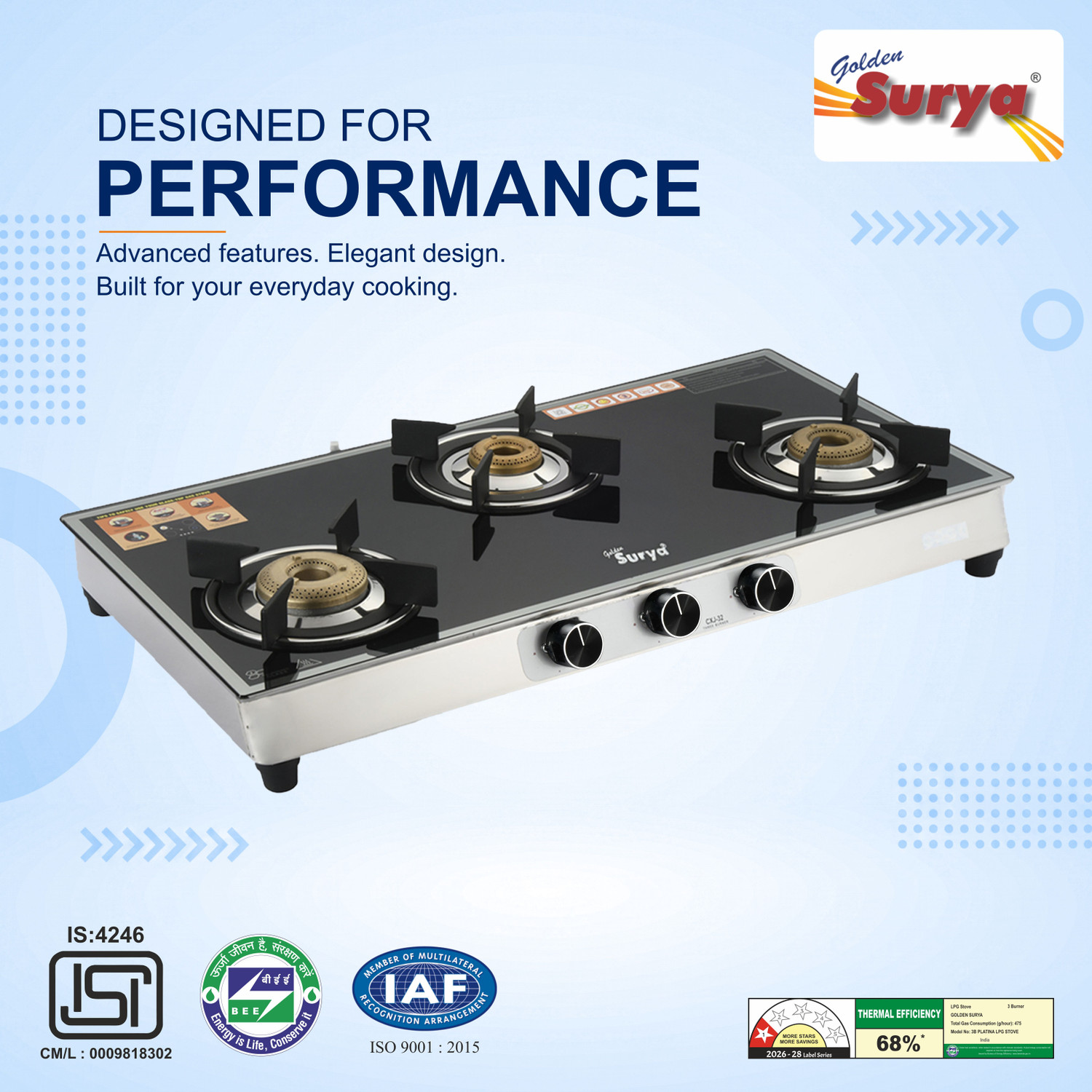 Image of Golden Surya Premium Toughened Glass Top, (ISI-Cerftified) Manual Ignition, Stainless Steel Manual Gas Stove