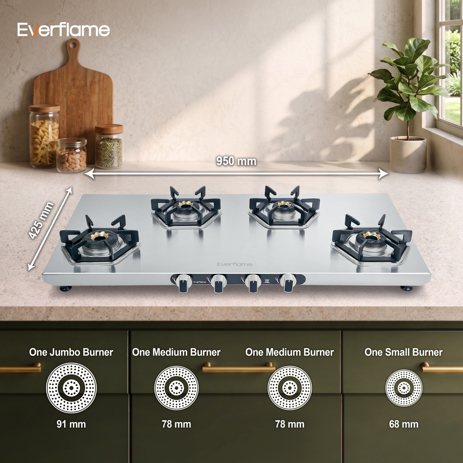 Image of Everflame Hexon Long 4 Burner ISI Certified Gas Saver Energy Efficient Stainless Steel Manual Gas Stove