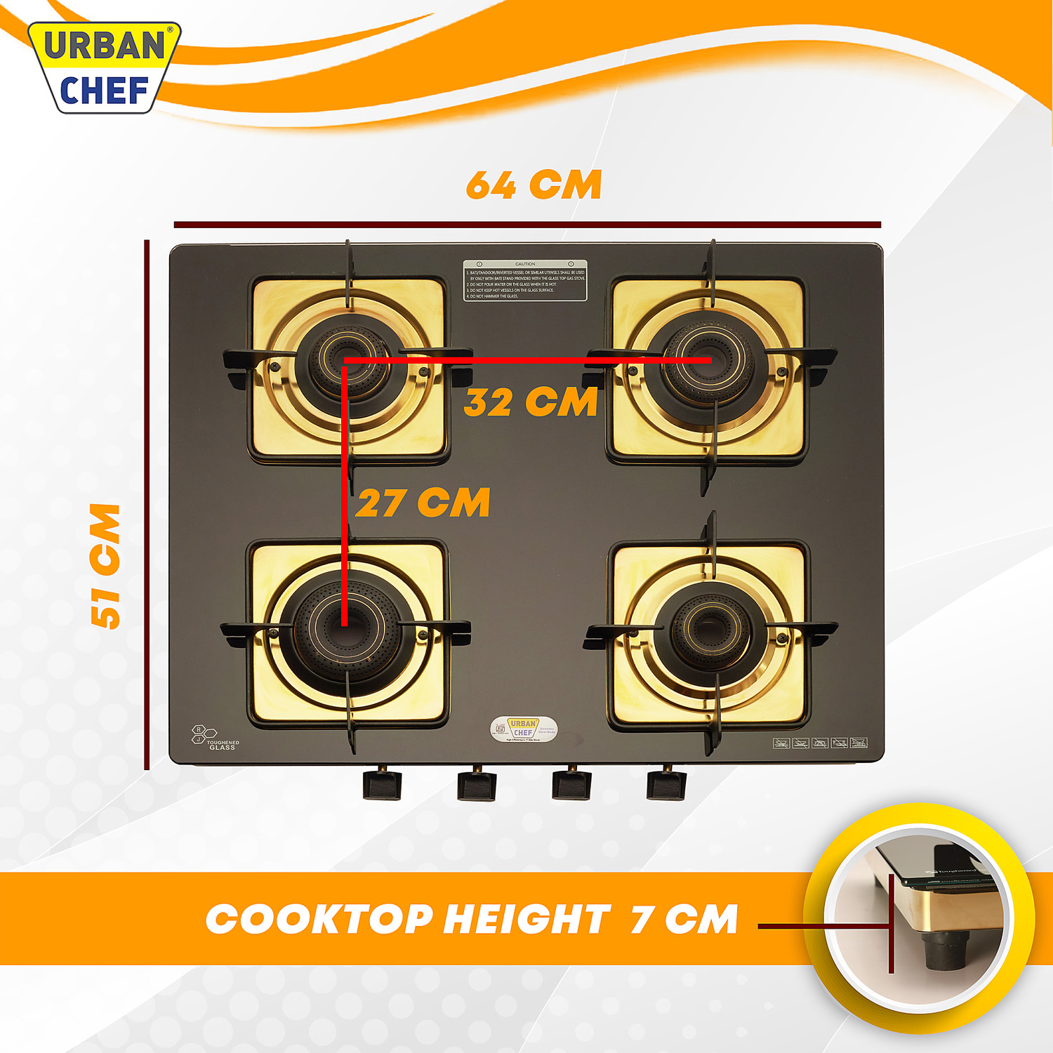 Image of Urban Chef Gas Stove 4 Burner | Gas Chulha for Kitchen | 100% Brass Burner | PVD Gold | Glass Manual Gas Stove (4 Burners)