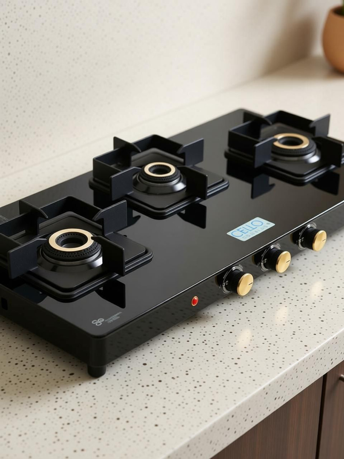 Image of CELLO Black Pearl 3 Burner Toughened Glass Top Gas Stove, Brass Burners, Black Finish Glass Automatic Gas Stove