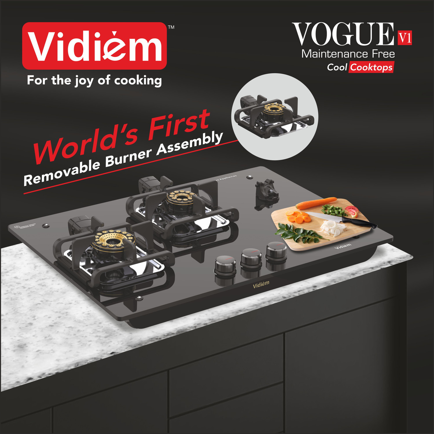Image of Vidiem Vogue V1 Gas Stove| World's First Fully Removable Burner Assembly Glass Manual Hob