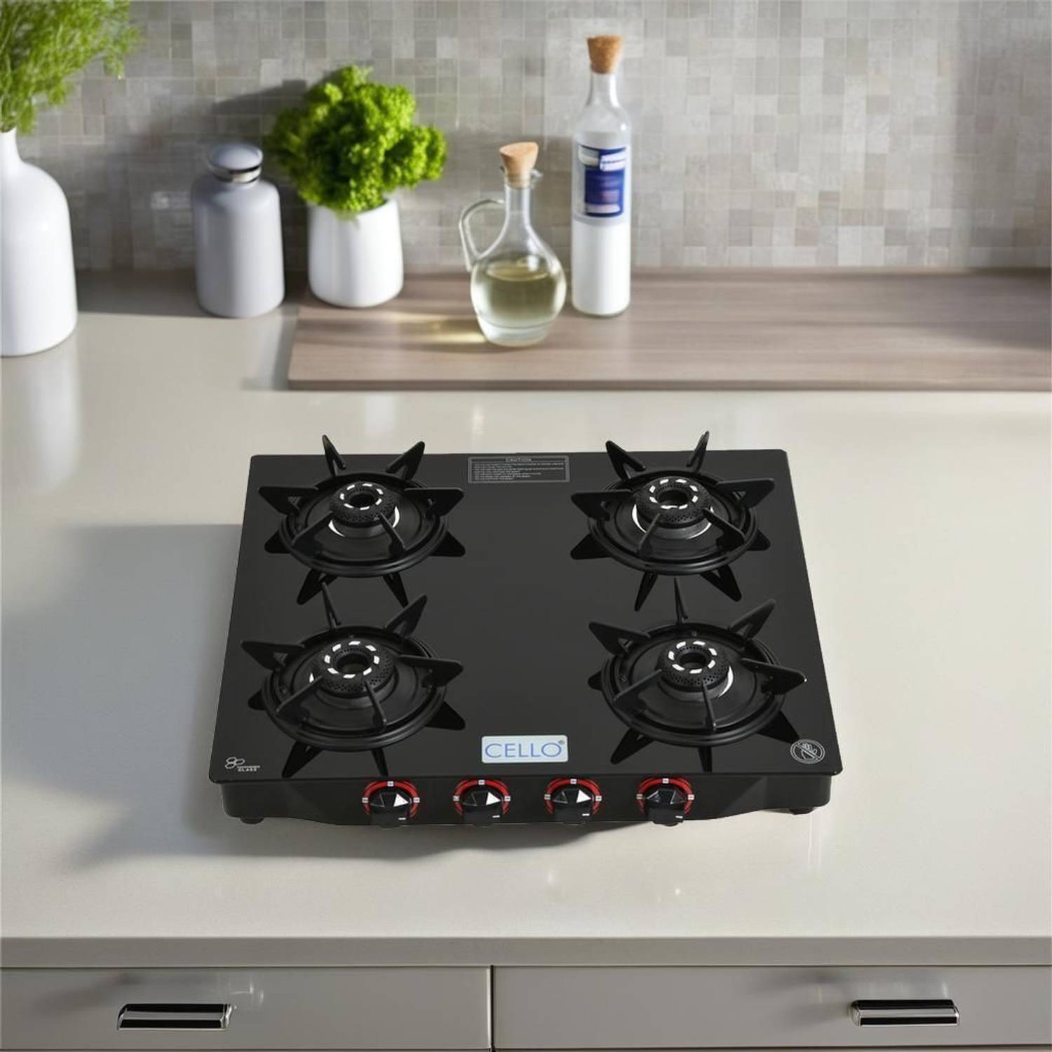CELLO Hexa Manual Ignition Black Aluminium Alloy Burner Toughened Glass Iron Manual Gas Stove