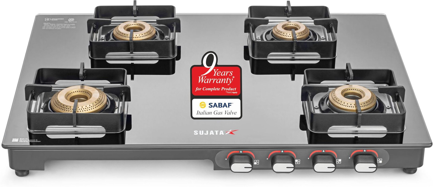 Image of SUJATA Gas Stove 4 Burner | Gas Chulha for Kitchen | ISI Certified | ( 4B Regal M ) Glass, Iron Manual Gas Stove