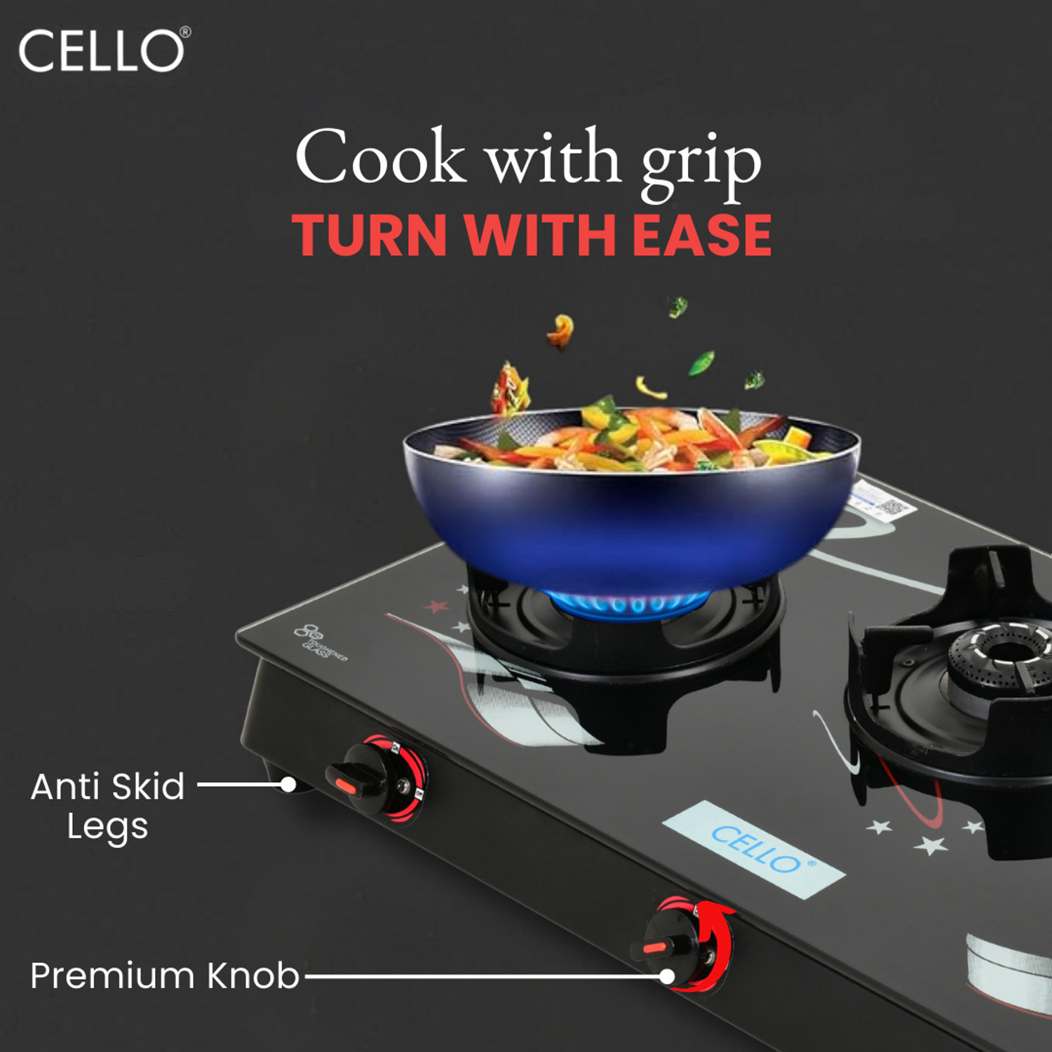 Image of CELLO Star Manual Gas Stove Black Glass Top, Alloy Burners Glass Manual Gas Stove