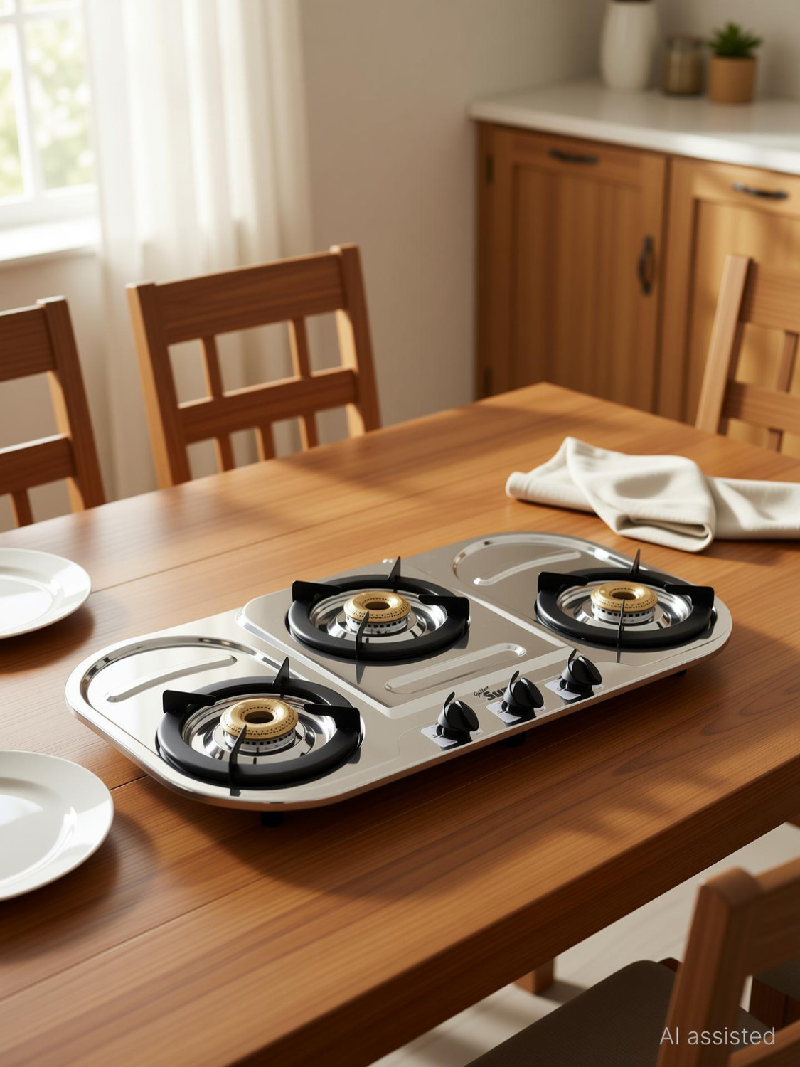 Image of Golden Surya Premium Jointless Stainless Steel Frame, 3 Brass Burner, 18 Months Warranty LPG Stainless Steel Manual Gas Stove