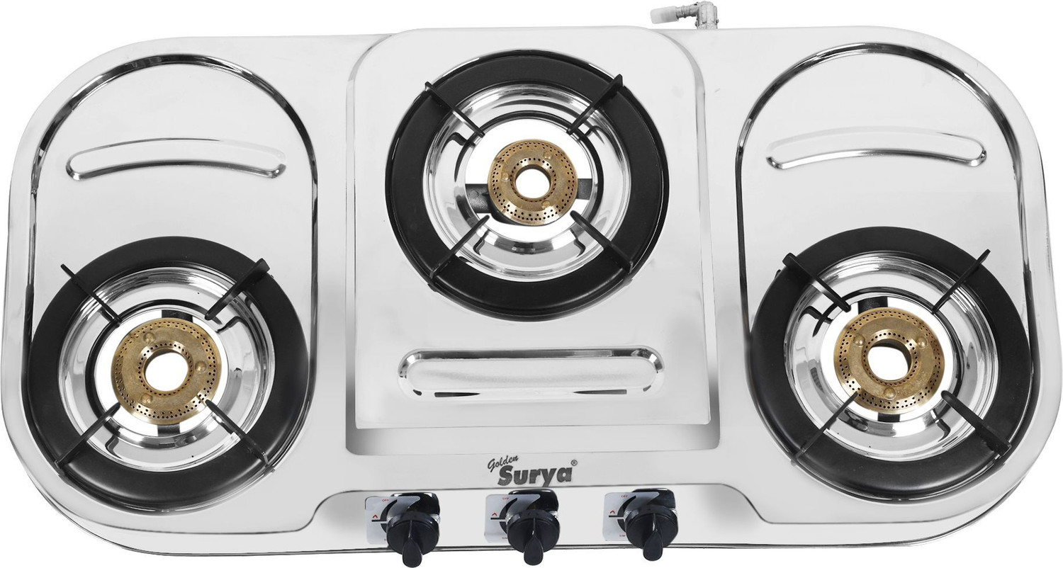 Image of Golden Surya Premium Jointless Stainless Steel Frame, 3 Brass Burner, 18 Months Warranty LPG Stainless Steel Manual Gas Stove