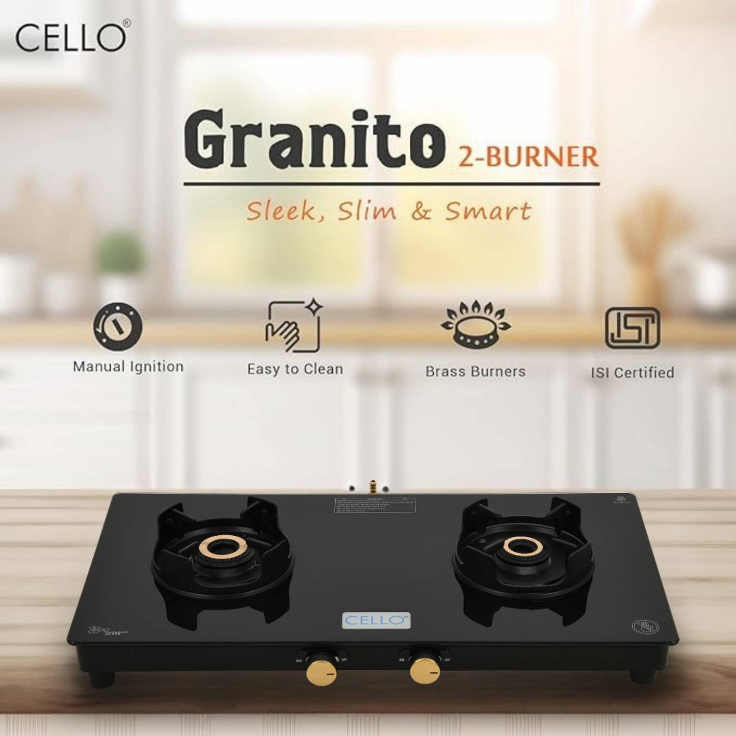 CELLO Granito 2 Burner Black Gas Cooktop, Dual Shade Toughened Glass, ISI Certified Glass Manual Gas Stove