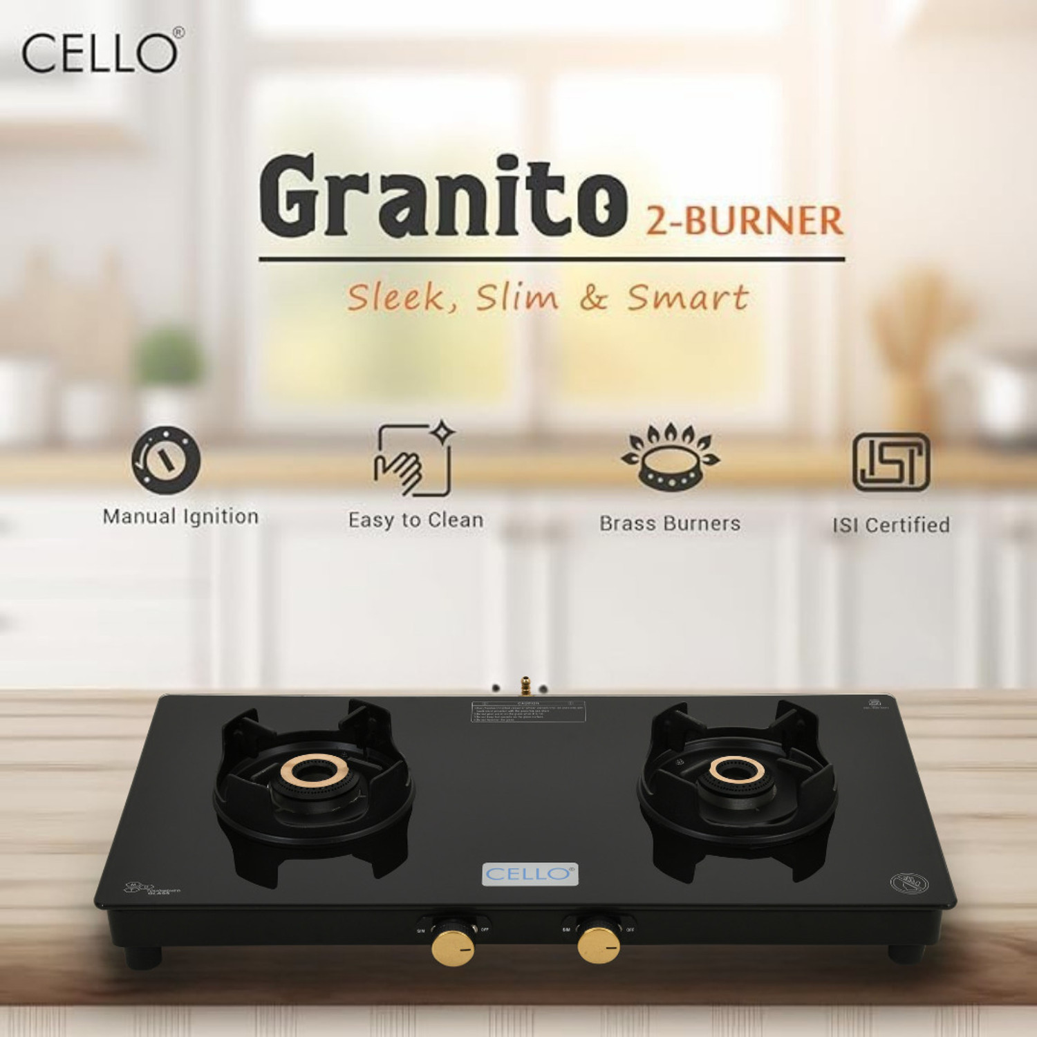 Image of CELLO Granito 2 Burner Black Gas Cooktop, Dual Shade Toughened Glass, ISI Certified Glass Manual Gas Stove