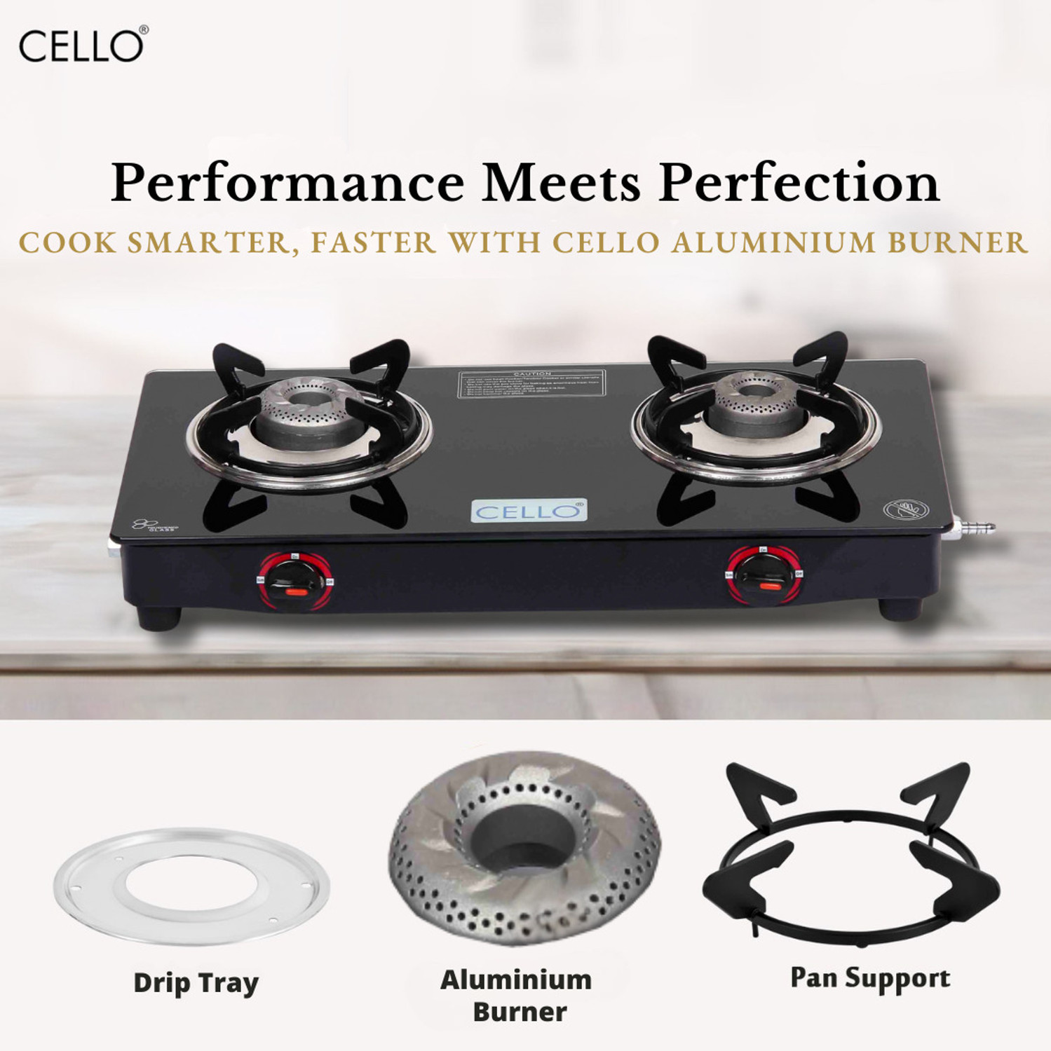 Image of CELLO Gem 2 Burner Black Gas Cooktop,Toughened Glass, ISI Certified, 1 Year Warranty Glass Manual Gas Stove