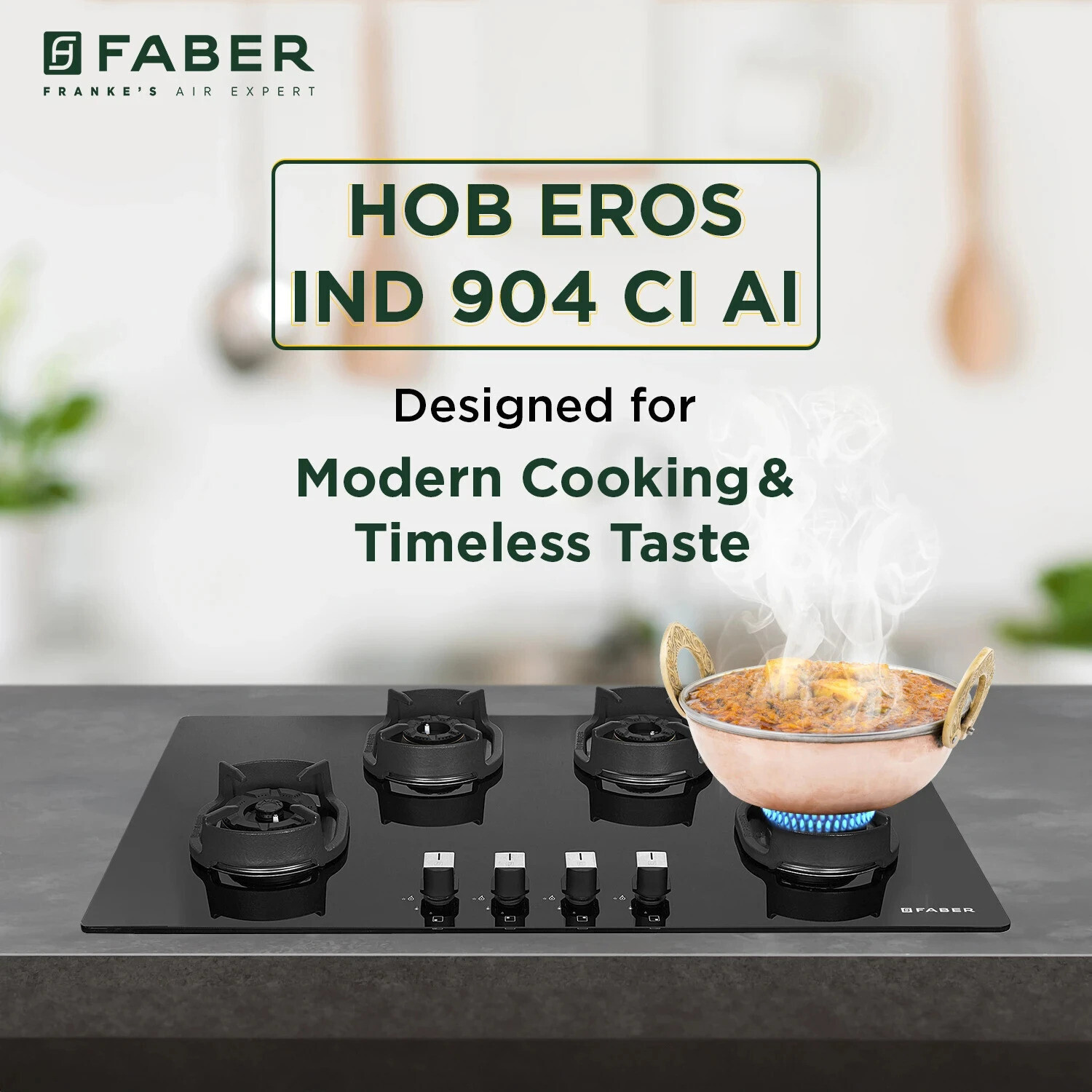 Image of FABER Eros IND 904 CI AI|Heavy duty brass burner|Metal Knobs| Cast Iron Pan Support | Glass Automatic Hob