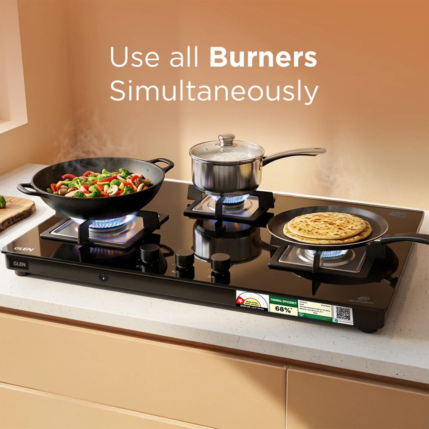 Image of Glen 3 Burner Ultra Slim LPG Gas Stove with High Efficiency Forged Brass Burners Glass Automatic Gas Stove