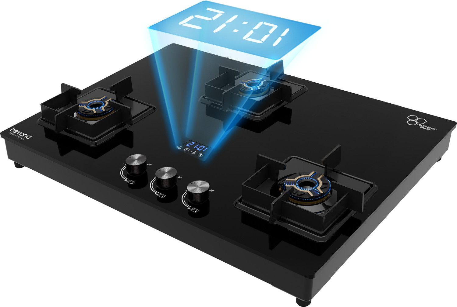 Image of Beyond Appliances Solaria 3 Brass Burners Smart Cooktop, Digital Timer, FFD & Auto Ignition Glass Automatic Hob