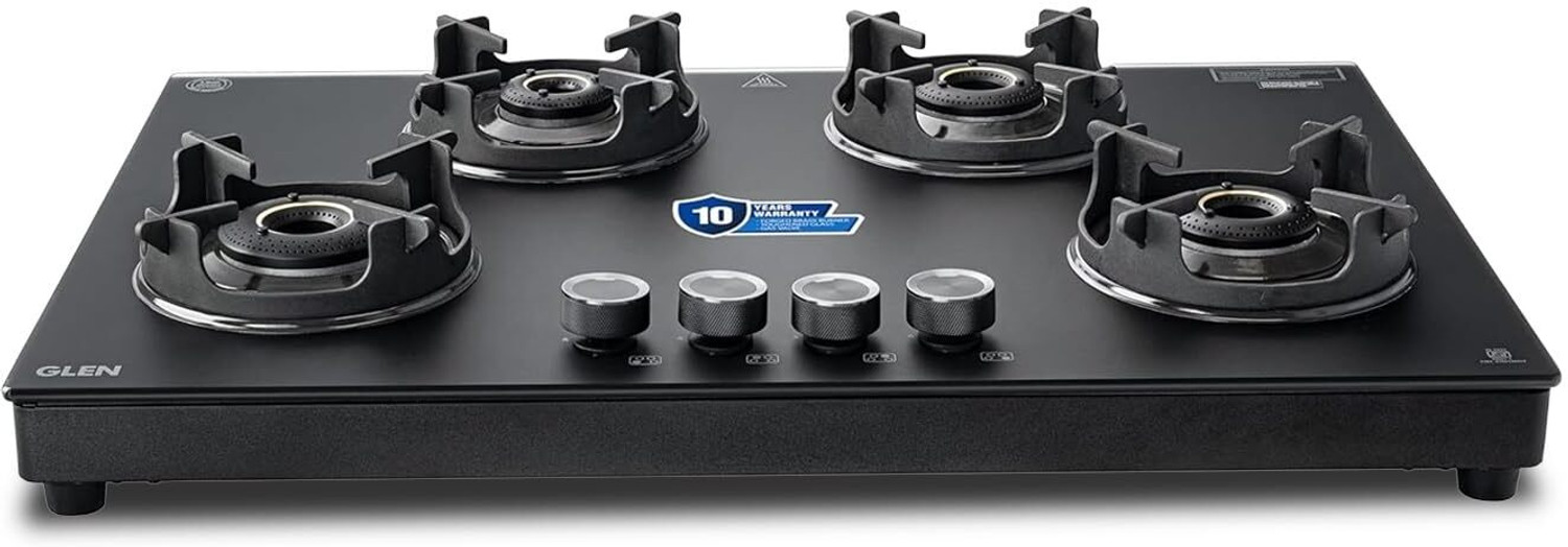 Image of Glen Premium LPG Gas Stove 4 Burner | Matt Glass & Frame | Forged Brass Burners | Glass Manual Gas Stove