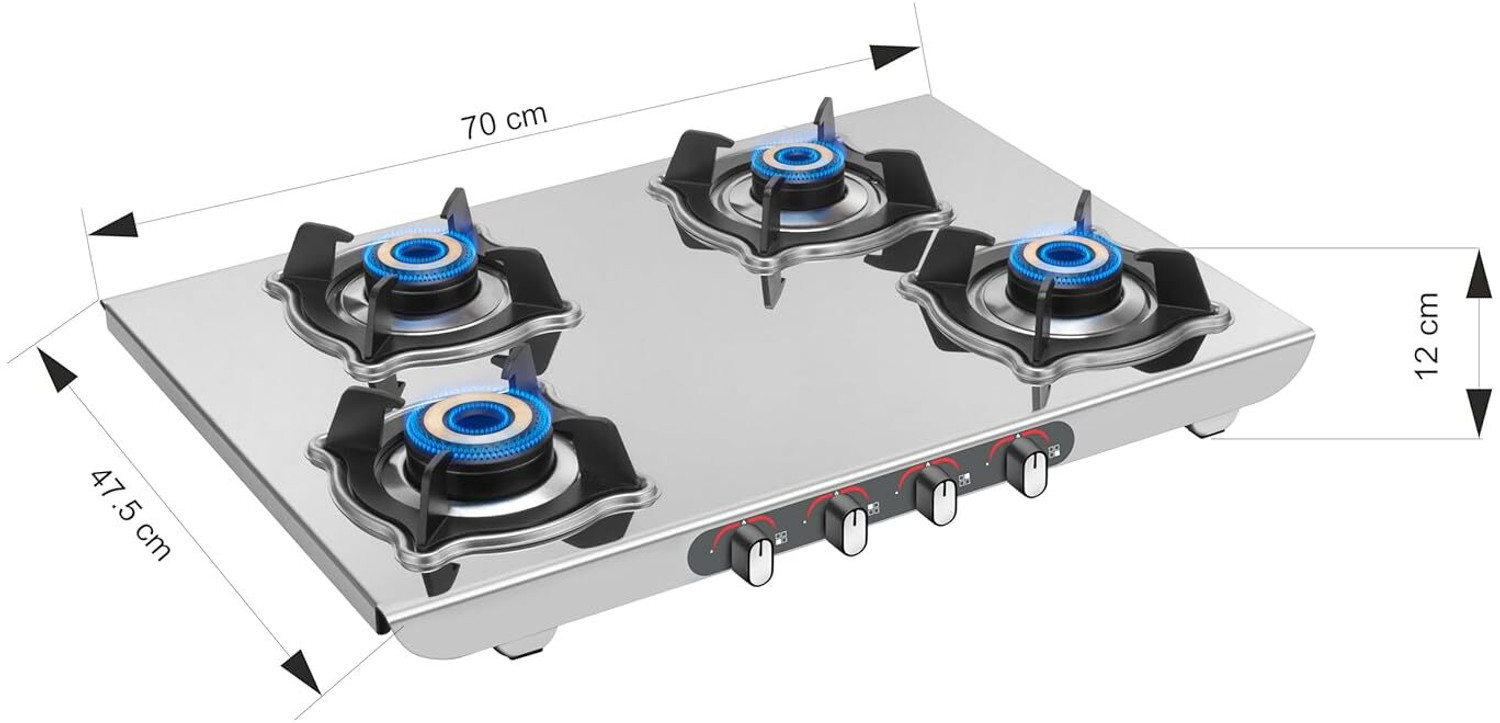 Image of SUJATA Majestic Manual Gas Stove 4 Burner | Gas Chulha for Kitchen | ISI Certified | Stainless Steel Manual Gas Stove
