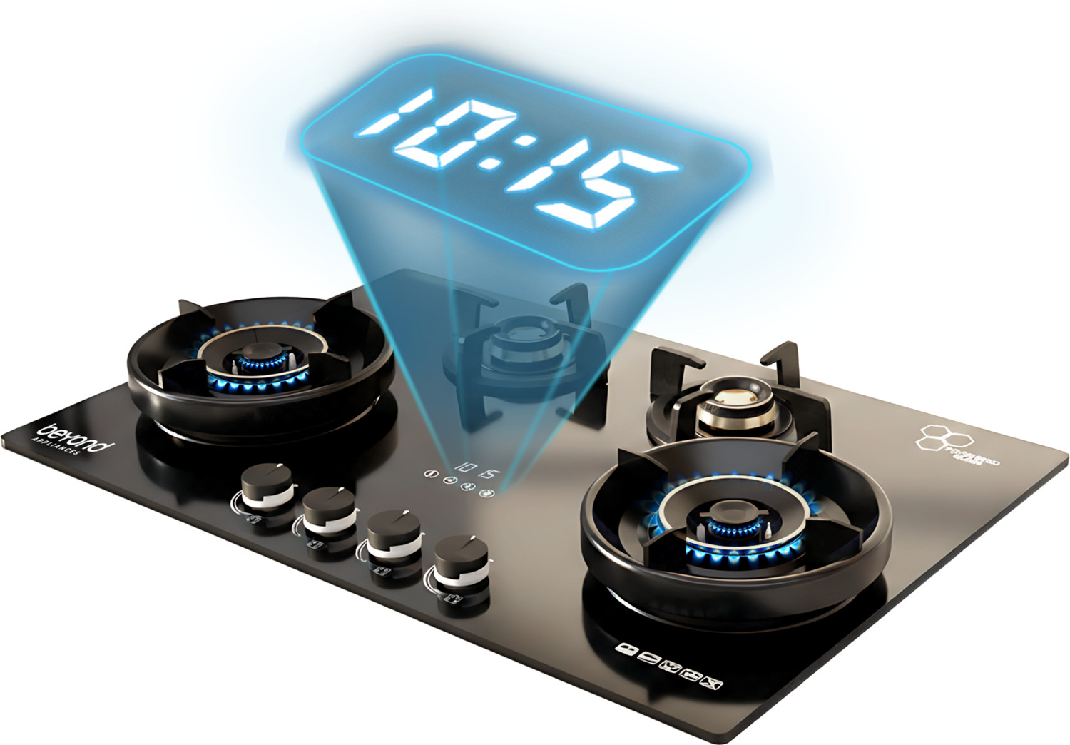 Image of Beyond Appliances ZYRA 4 Brass Smart Hob, Digital Timer, FFD & Auto Ignition Burners Glass Automatic Hob