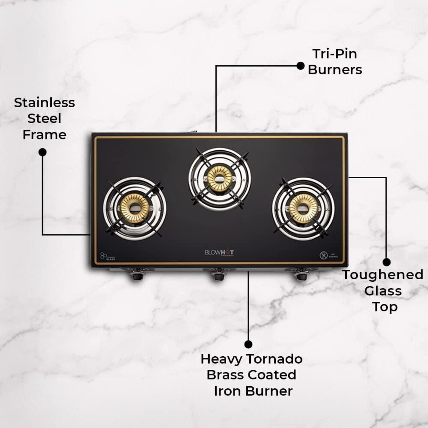 Image of BLOWHOT 3 Burners Auto Ignition 1 Year Warranty Brass Coated Iron Burner Glass, Iron Manual Gas Stove