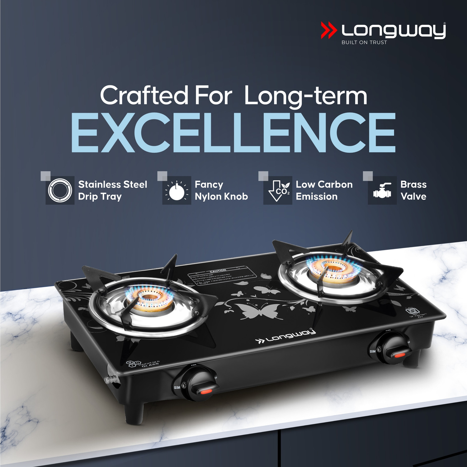 Image of Longway Astra Premium ISI Certified, Glass Top, 2 Burner Ignition Stainless Steel, Glass Manual Gas Stove