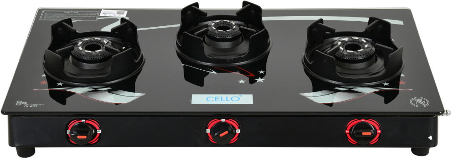 Image of CELLO Star Manual Gas Stove Black Glass Top, Alloy Burners Glass Manual Gas Stove