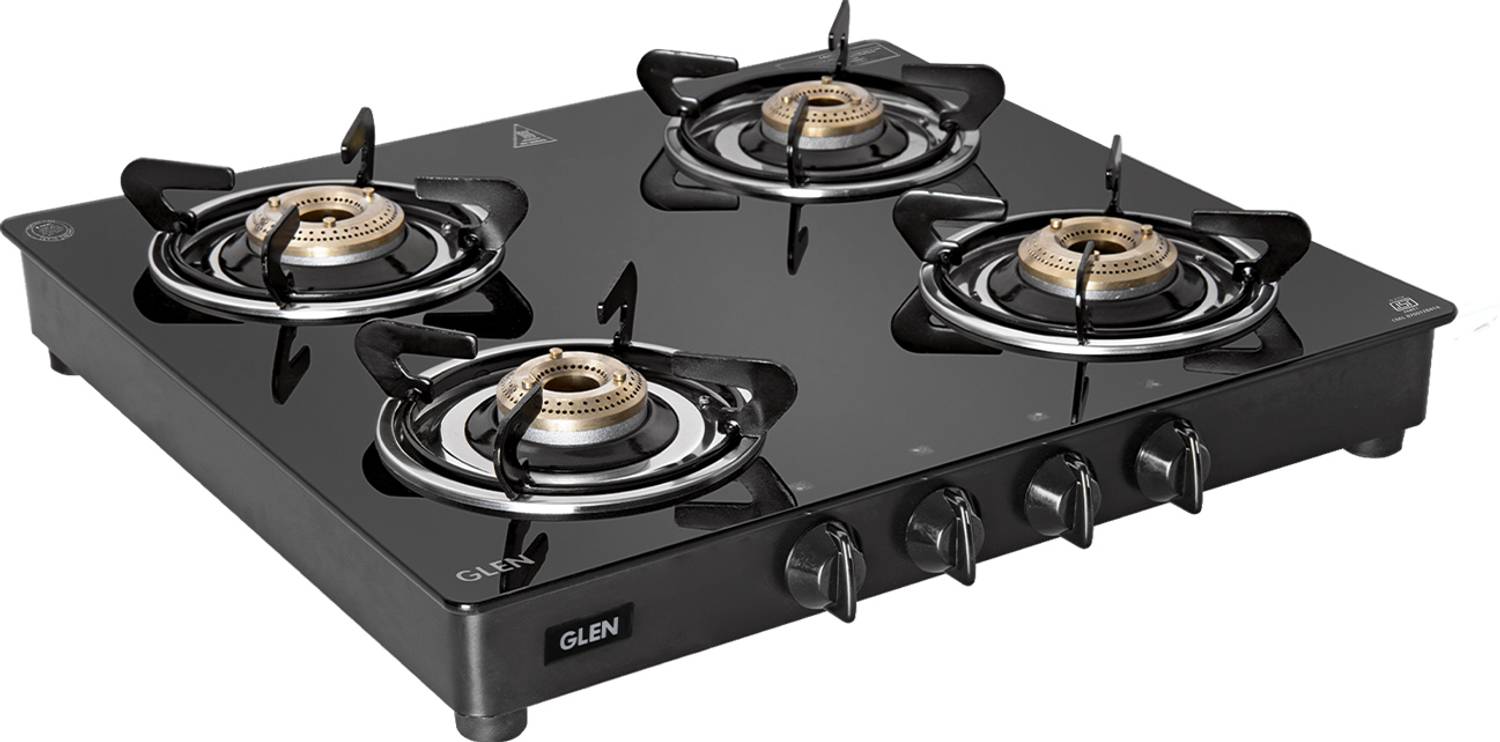 Glen PNG Gas Stove 4 Burner Fuel Efficient Brass Burners Rotary Knobs 2 Year Warranty Glass Manual Gas Stove