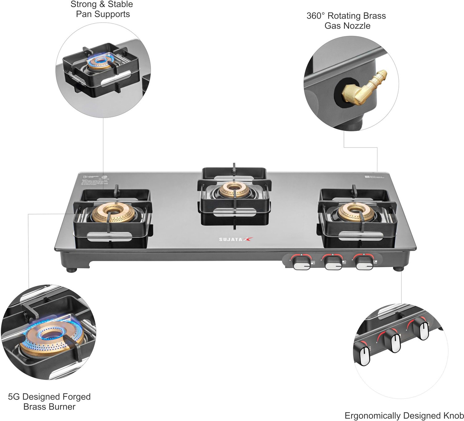 Image of SUJATA Gas Stove 3 Burner | Gas Chulha for Kitchen | ISI Certified | ( 3B Regal M ) Glass, Iron Manual Gas Stove