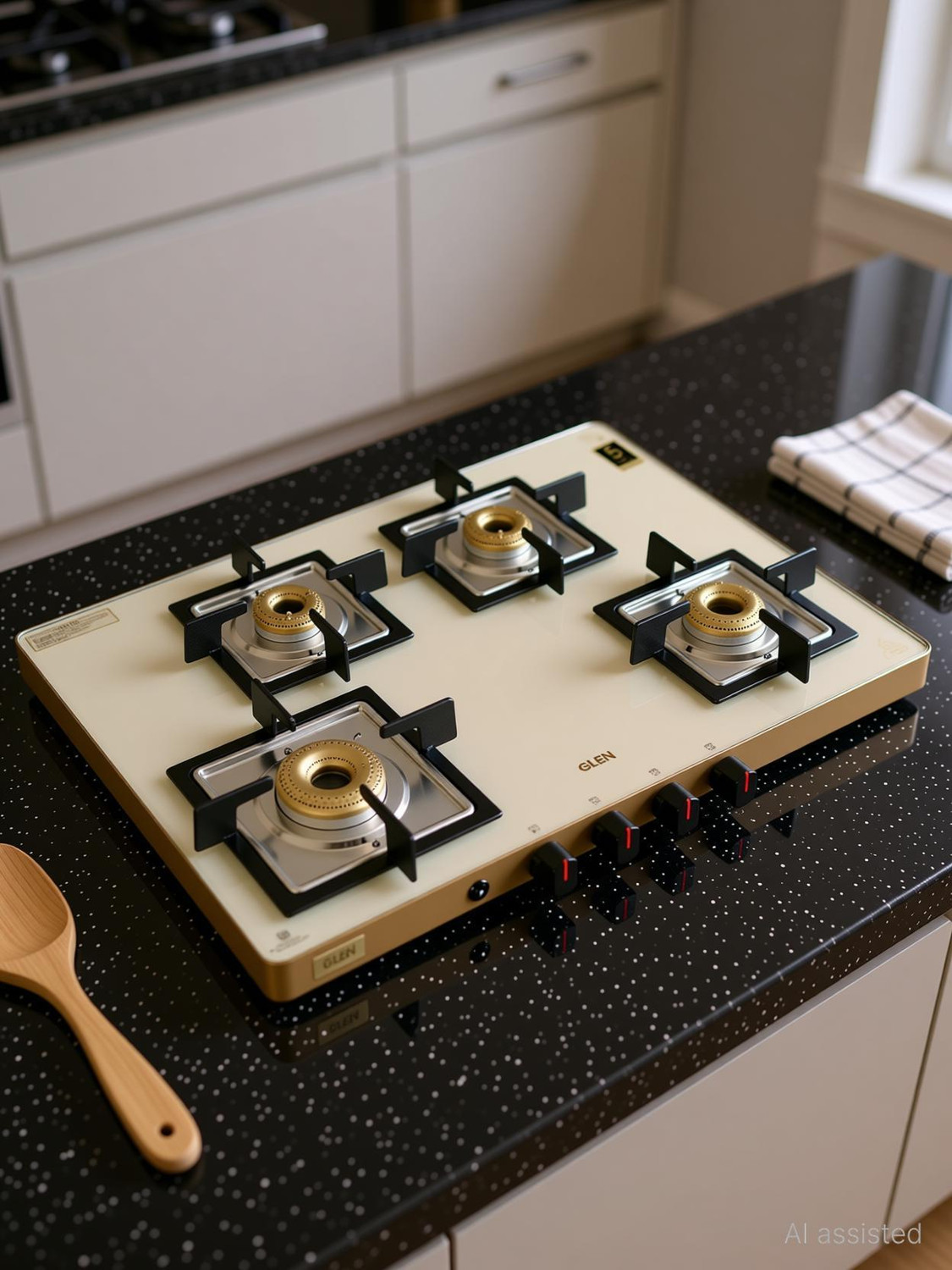 Image of Glen Ultra Slim Apricot Glass Gas Stove 1 High Flame 3 Forged Brass Burner,CT1047US Glass Automatic Gas Stove