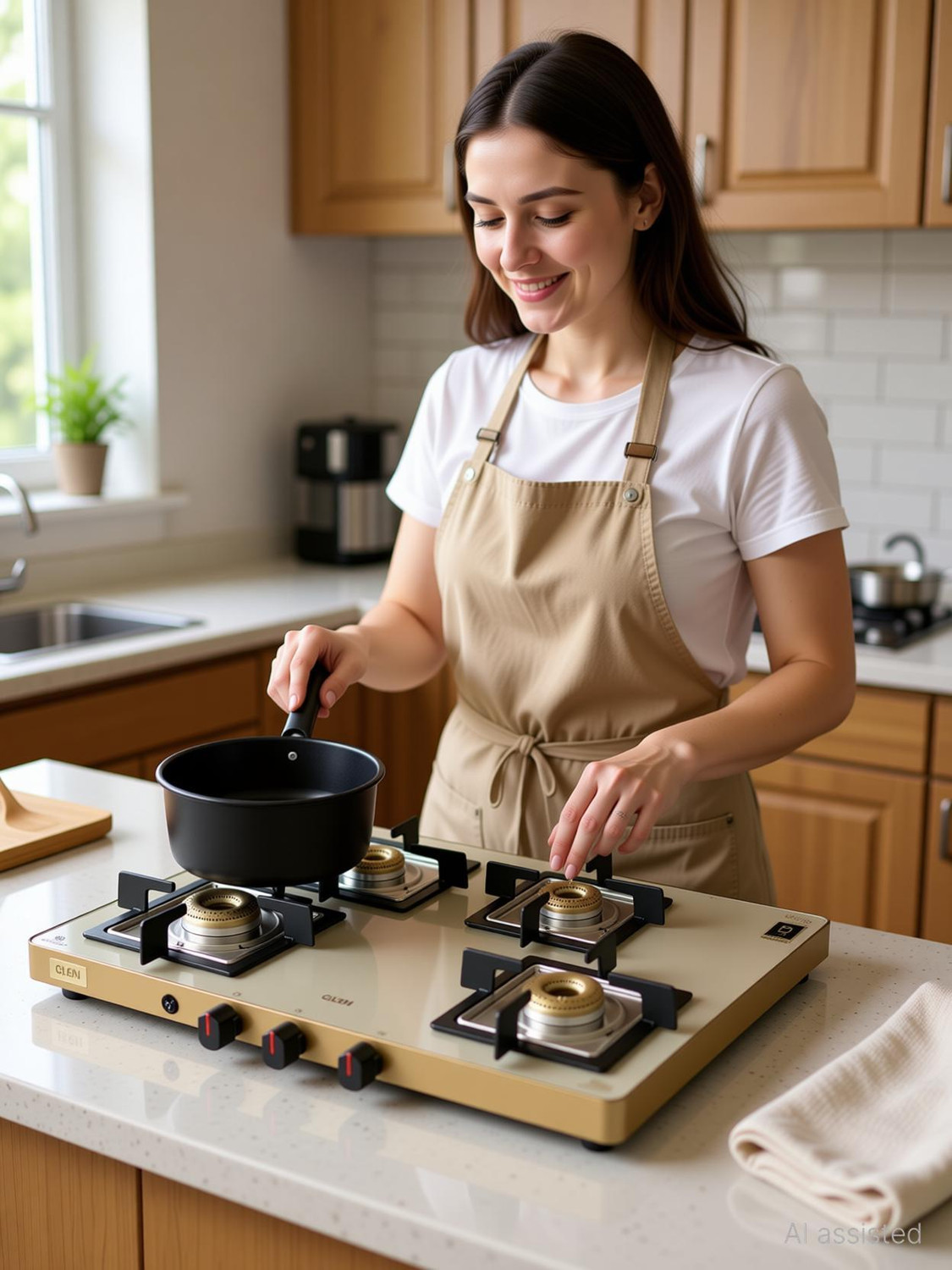 Image of Glen Ultra Slim Apricot Glass Gas Stove 1 High Flame 3 Forged Brass Burner,CT1047US Glass Automatic Gas Stove