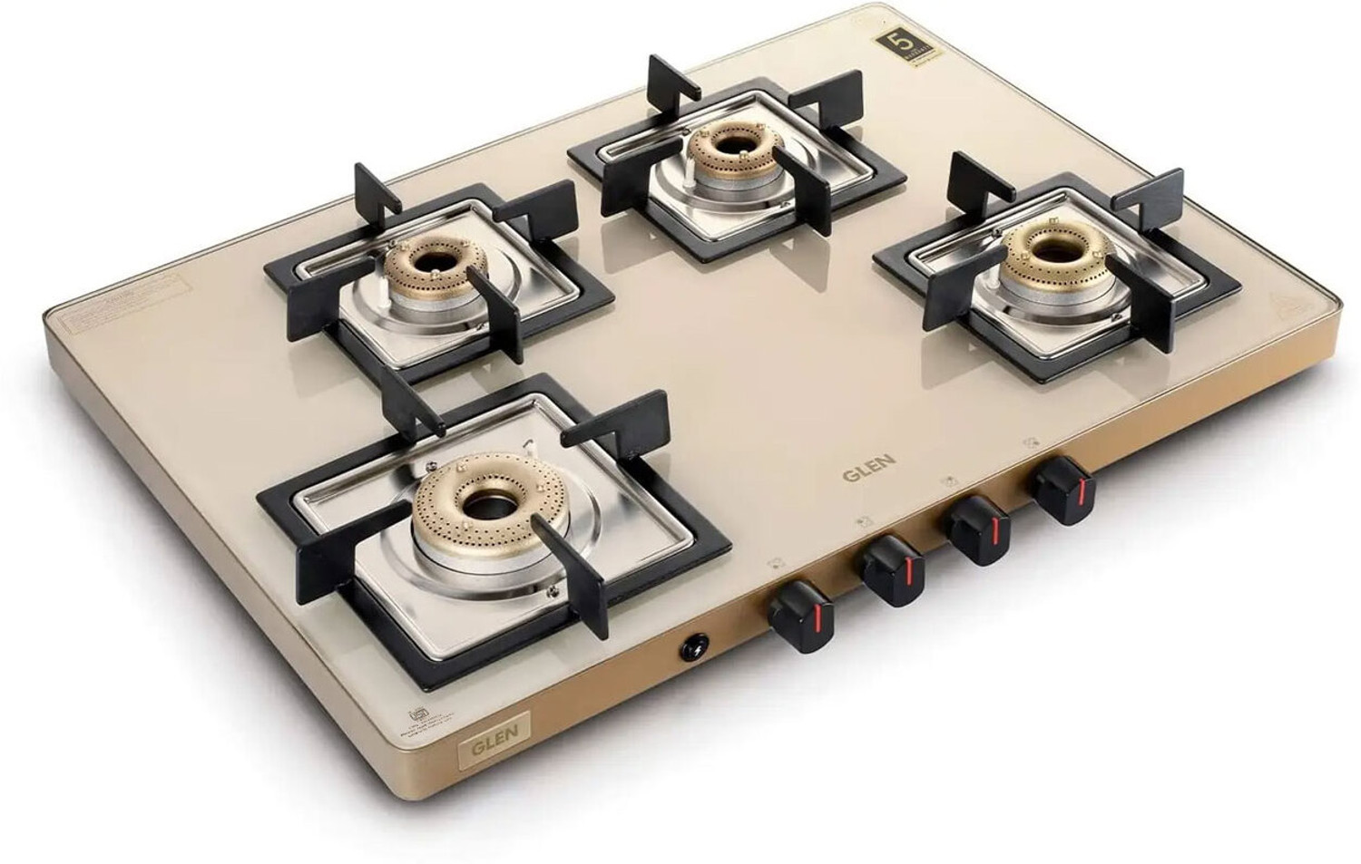 Image of Glen Ultra Slim Apricot Glass Gas Stove 1 High Flame 3 Forged Brass Burner,CT1047US Glass Automatic Gas Stove