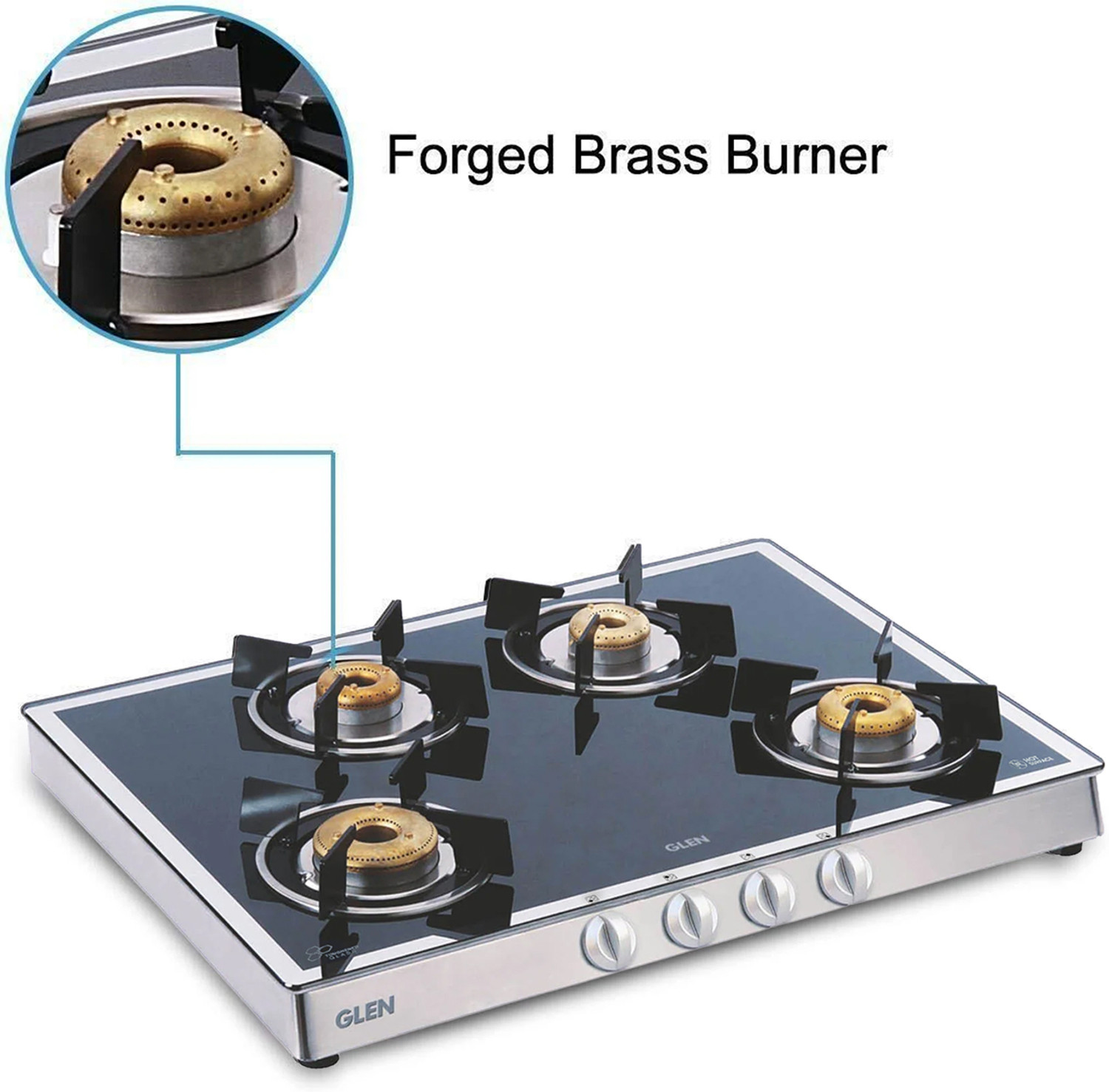 Image of Glen Gas Stove 4 Burner Mirror Finish 1 High Flame 3 Forged Brass Burner 70 CM Glass Manual Gas Stove