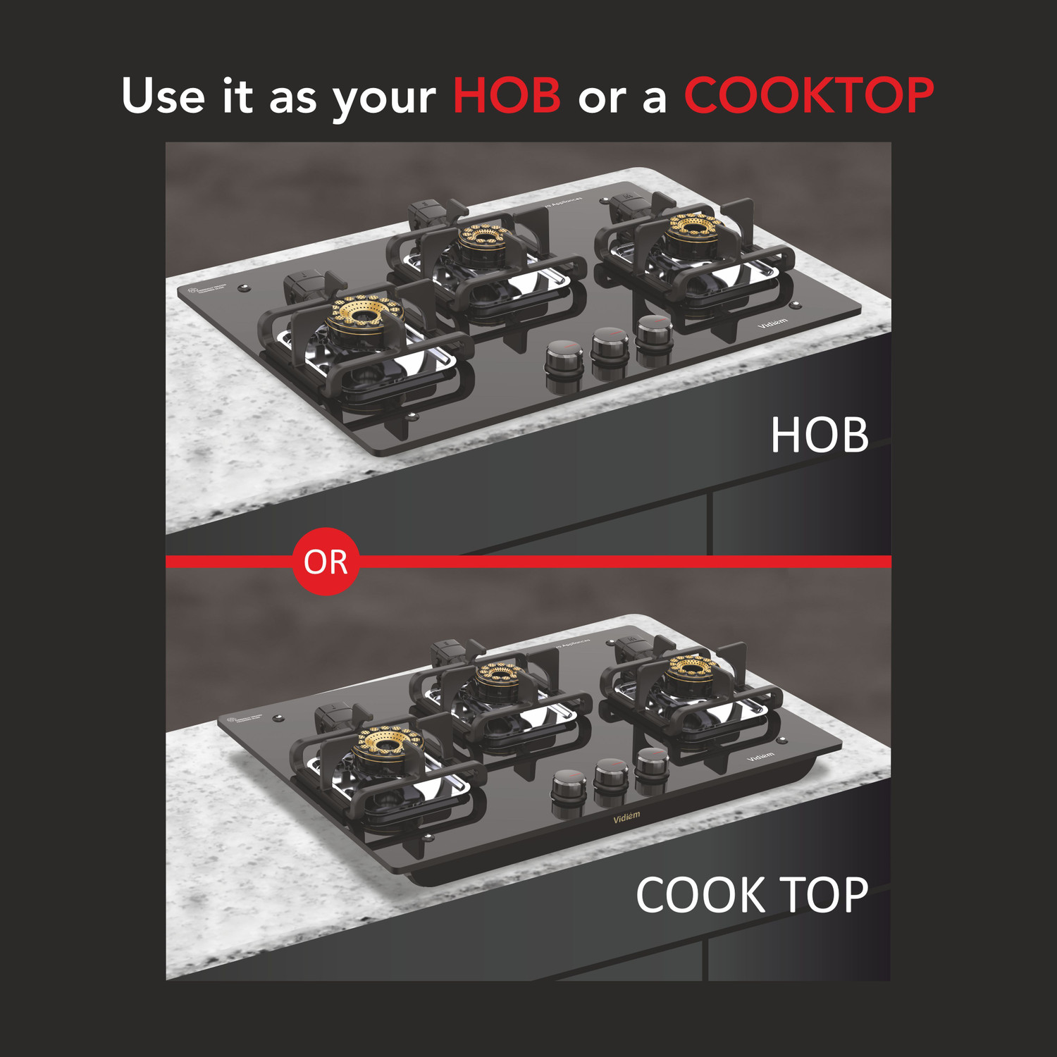 Image of Vidiem Vogue V1 Gas Stove| World's First Fully Removable Burner Assembly Glass Manual Hob