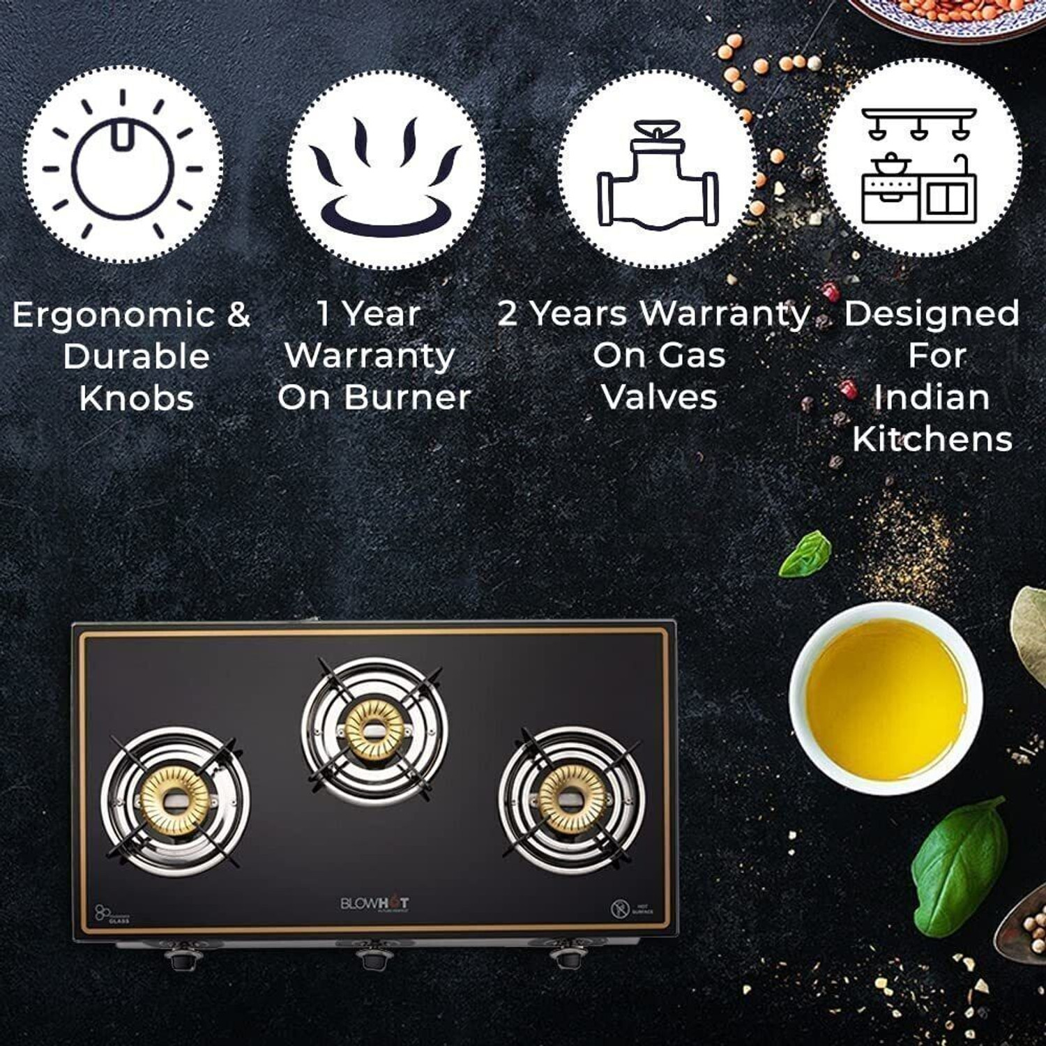 Image of BLOWHOT 3 Burners Auto Ignition 1 Year Warranty Brass Coated Iron Burner Glass, Iron Manual Gas Stove
