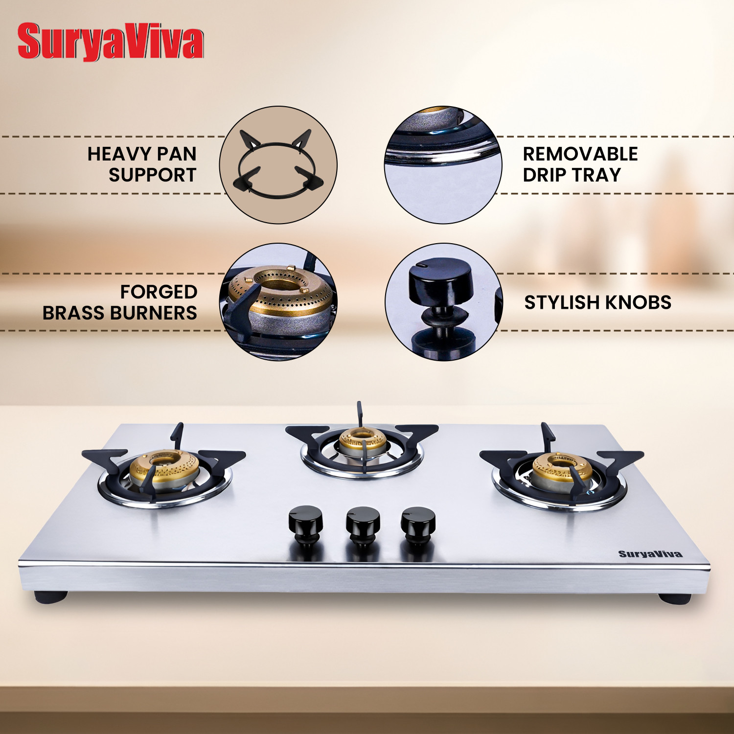 Image of SURYAVIVA Tejas 3B Premium Stainless Steel Manual Gas Stove