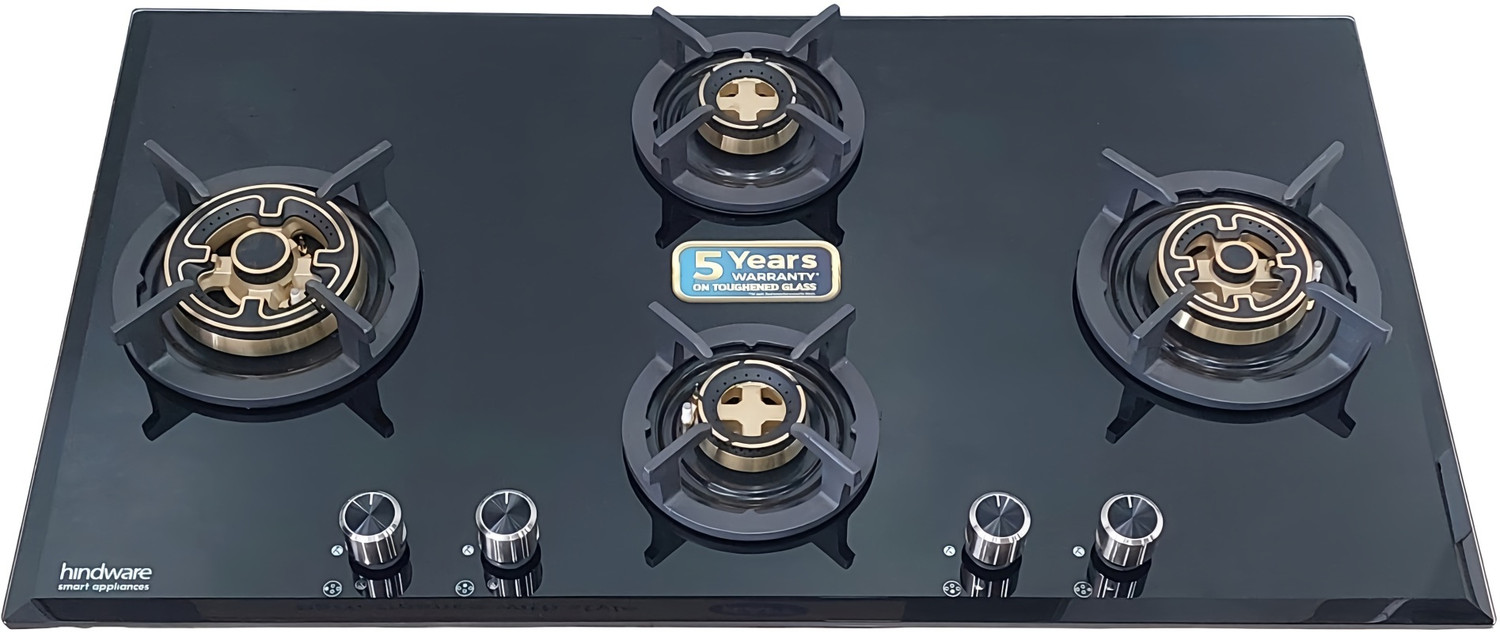 Image of Hindware VALERIA 4B 90 | Dual Brass Burner | Auto Ignition | FFD | Metal Knobs | Built in Glass Automatic Hob