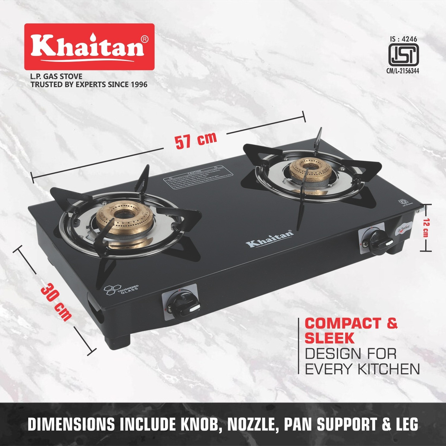 Image of Khaitan 2 Burner Nano Black Premium Glass Stove + 1 Hindflame 1 L Stainless Steel Bottle Glass Manual Gas Stove (2 Burners)