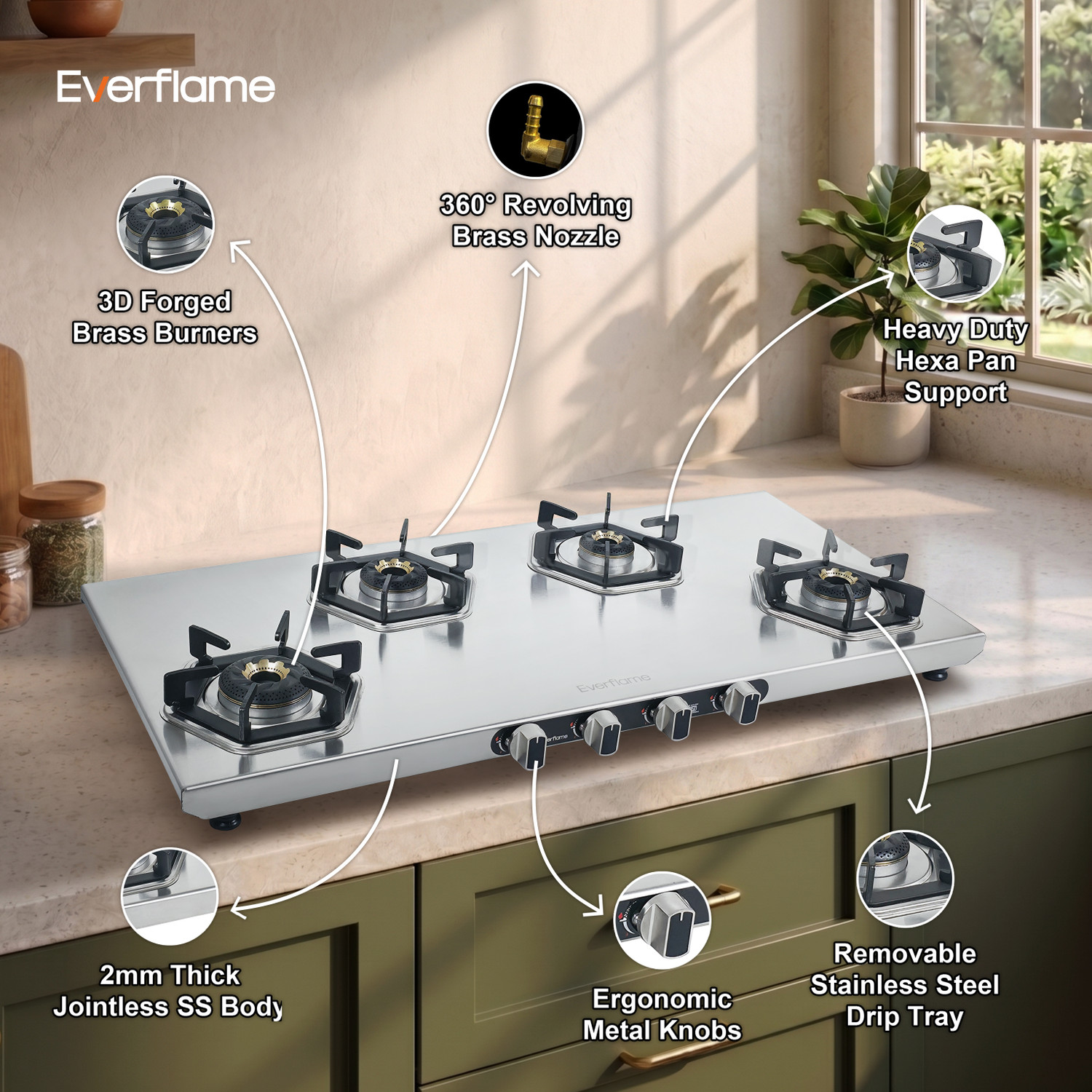 Image of Everflame Hexon Long 4 Burner ISI Certified Gas Saver Energy Efficient Stainless Steel Manual Gas Stove