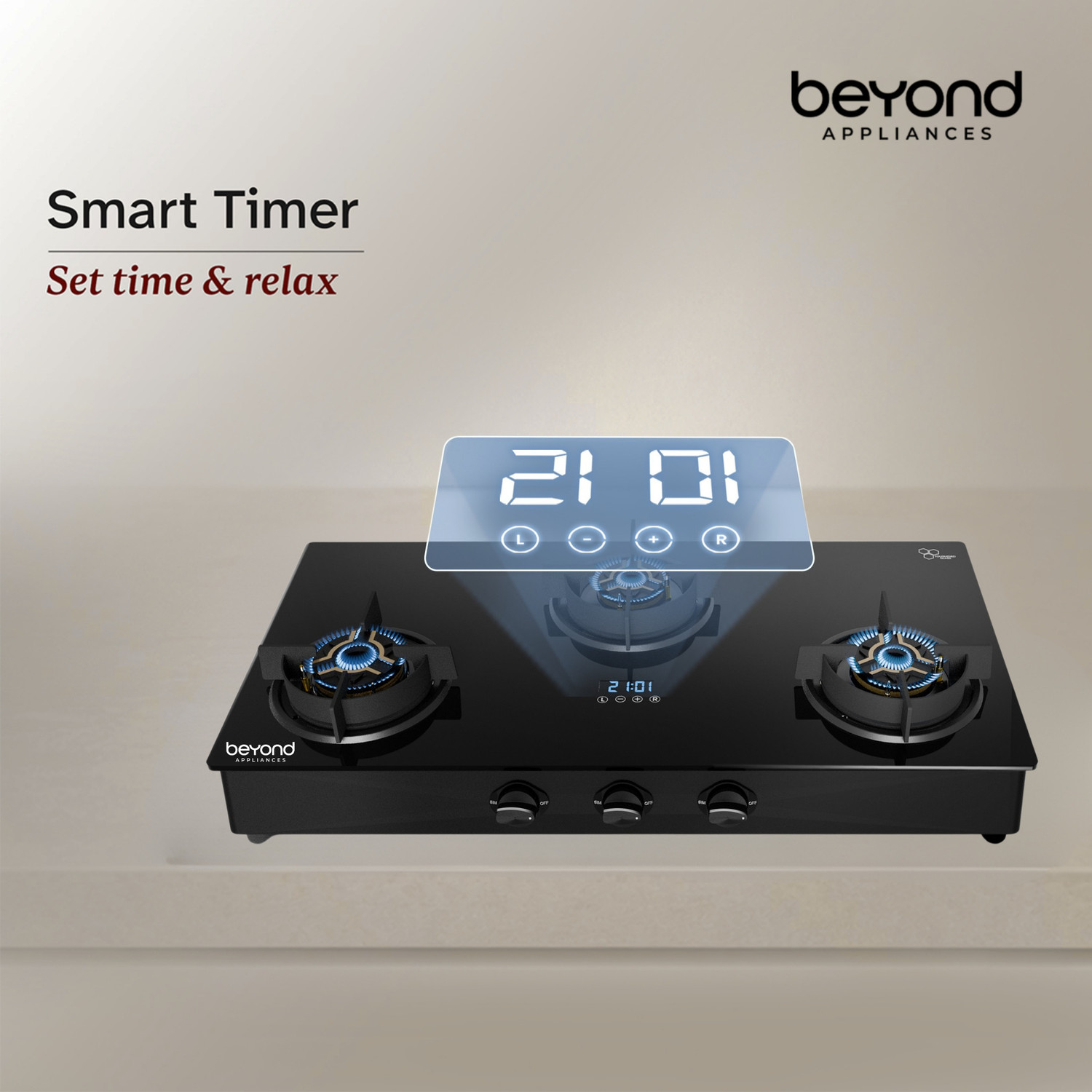 Image of Beyond Appliances Auriga 3B Pro Brass Smart Cooktop, Digital Timer, FFD & Auto Ignition Burners Glass Automatic Hob