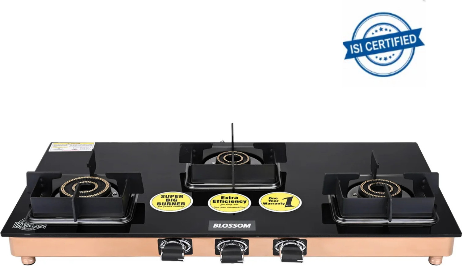 Image of BLOSSOM 3 Burner Gas Stove, Rose Gold Glass Top Cooktop Stainless Steel Manual Gas Stove (3 Burners)