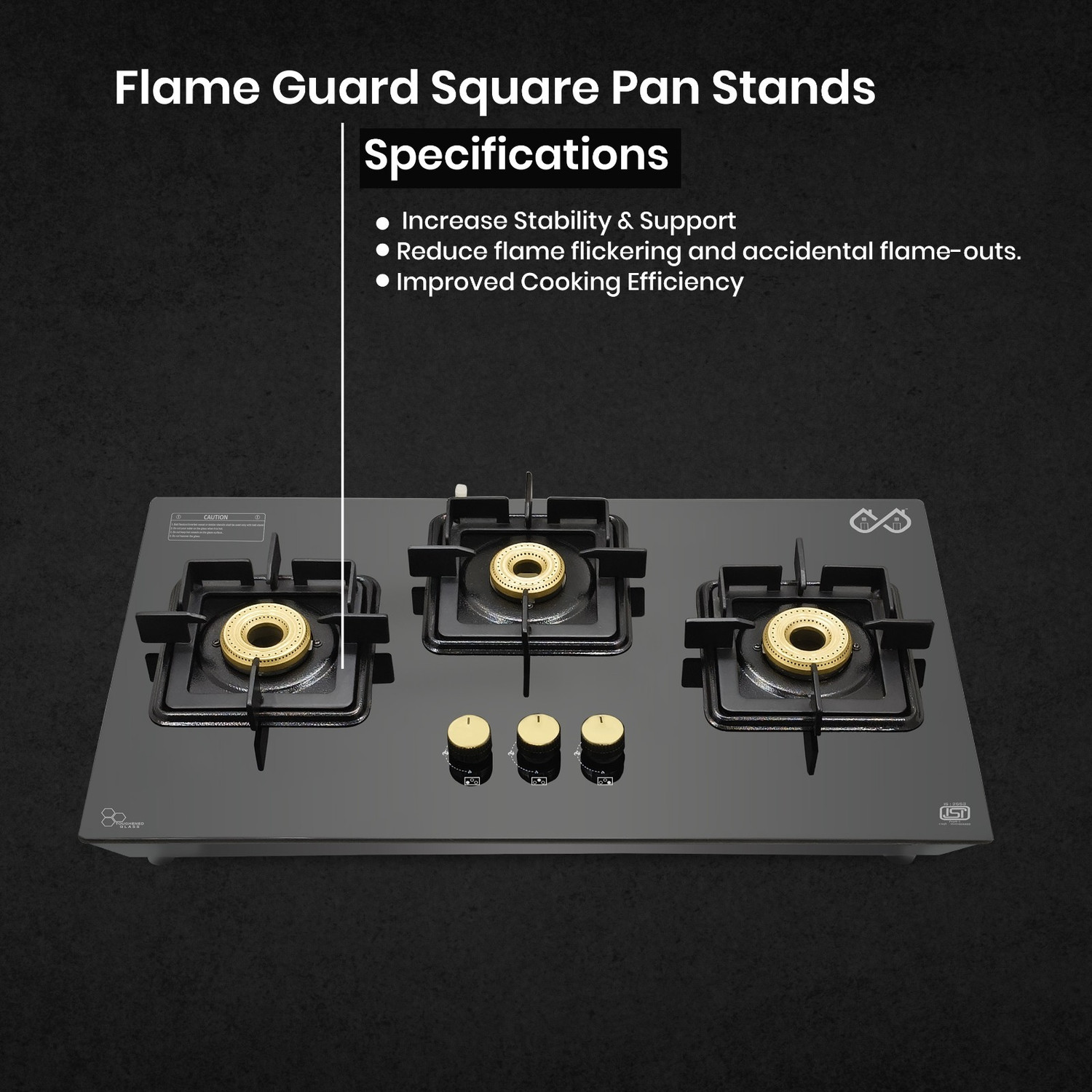 Image of Sigri-wala Ebony Diamond 3 Burner Hob Top Glass Manual Hob