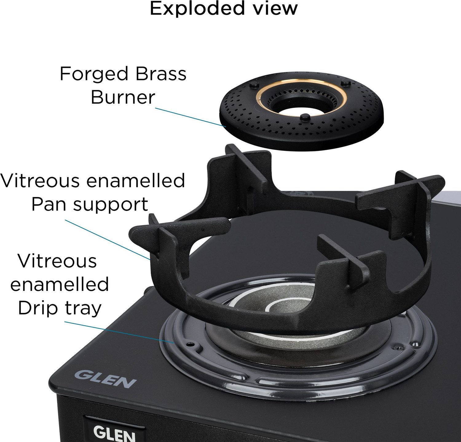 Image of Glen Premium LPG Gas Stove 3 Burner | Matt Glass & Frame | Forged Brass Burners | Glass Manual Gas Stove
