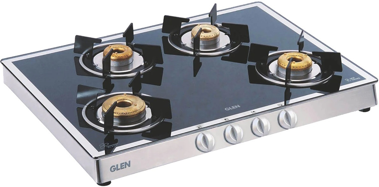 Image of Glen Gas Stove 4 Burner Mirror Finish 1 High Flame 3 Forged Brass Burner 70 CM Glass Manual Gas Stove