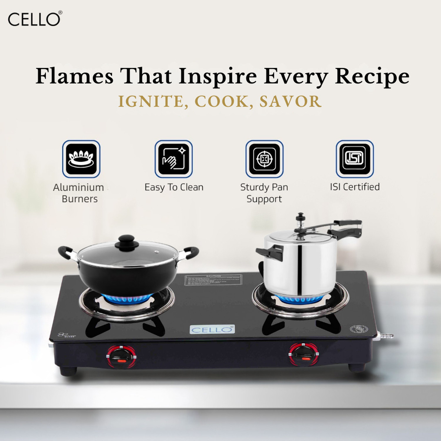 Image of CELLO Gem 2 Burner Black Gas Cooktop,Toughened Glass, ISI Certified, 1 Year Warranty Glass Manual Gas Stove
