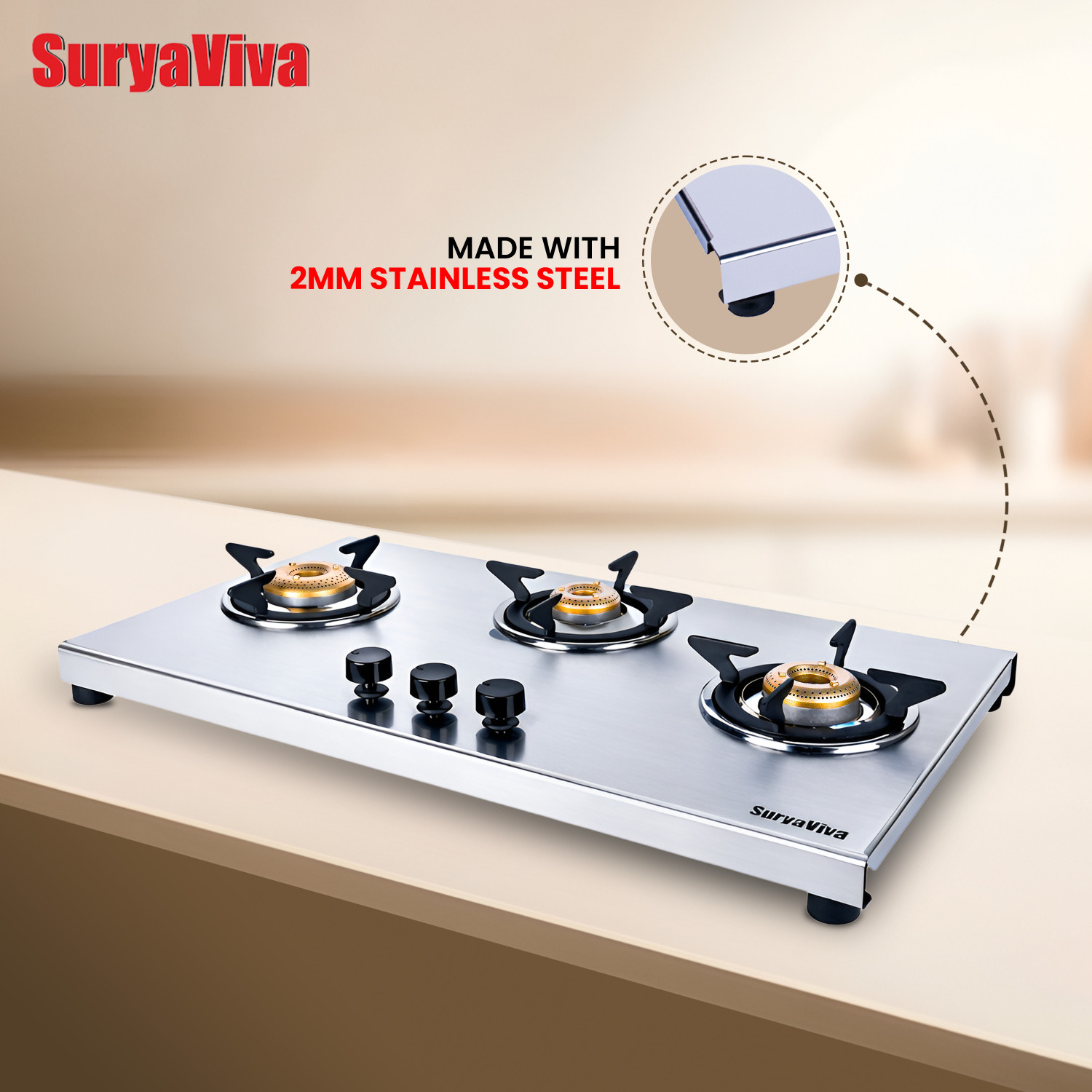 Image of SURYAVIVA Tejas 3B Premium Stainless Steel Manual Gas Stove